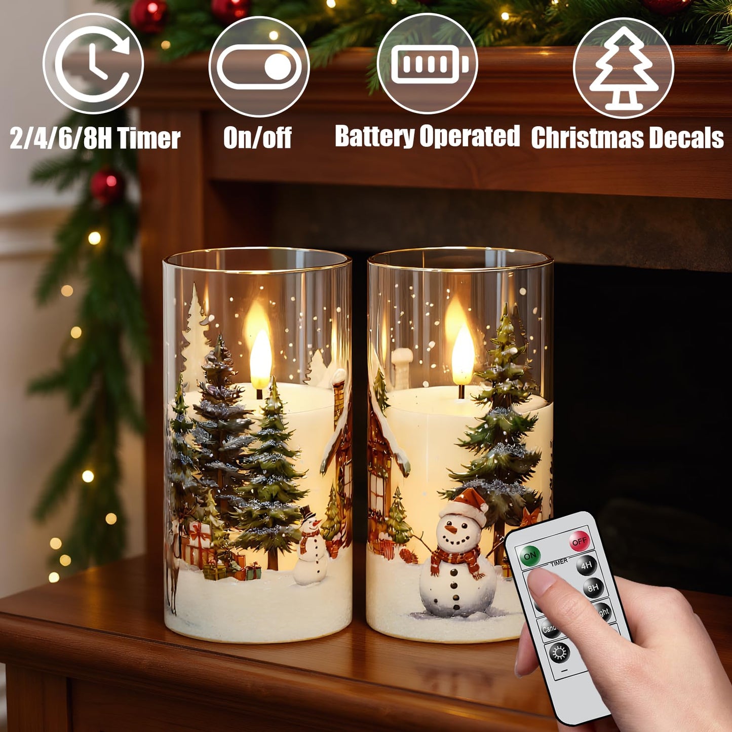 KunSween Christmas Candles with Remote Timer, Set of 2 LED Glass Flameless Candles Battery Operated with Cedar, Snowman, Reindeer, Snowy House Decals for Holiday Winter Party Home Decor(D6” x H3”)