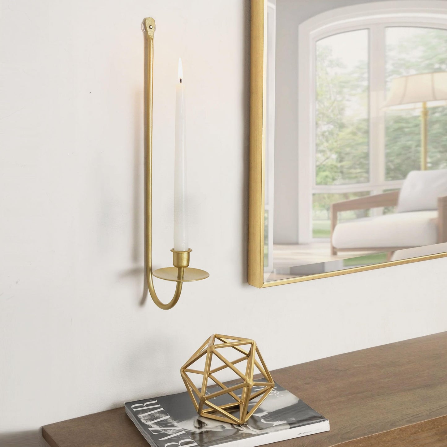 Remenna Wall Candle Holders Set of 2 Handcrafted Wrought Iron Sconces with Gold Finish, Easy to Install Modern Candle Holders for Living Room, Bedroom, Hallway, Wedding or Holiday Decor