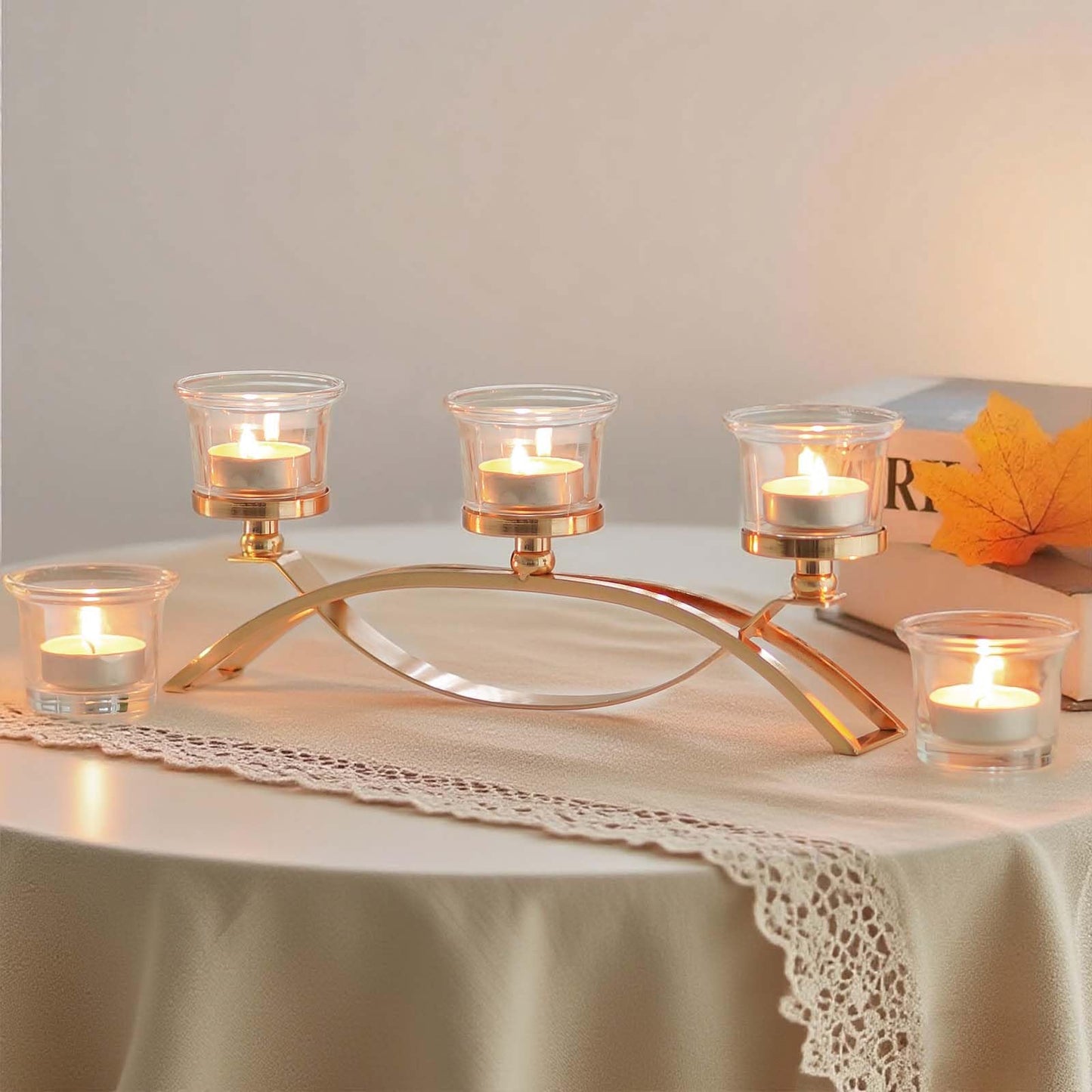 3-Arm Metal Tea Light Candle Holder Set with 5 Glass Cups, Votive Candle Holders Centerpiece Candelabra for Wedding Table Decor, Home Gatherings and Holidays (Gold, 5 Cups)