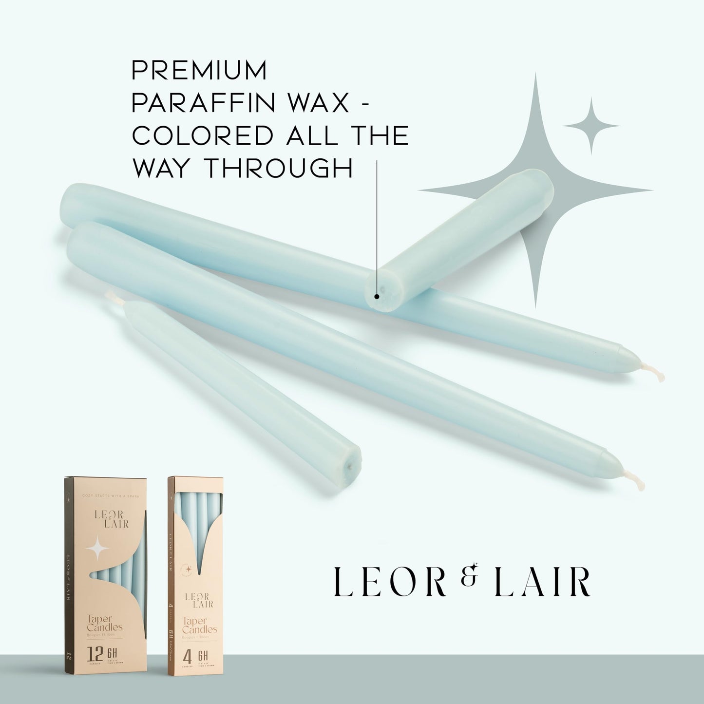 Leor & Lair Light Blue Taper Candles - 4 Pack 10" Light Blue Candlesticks - Unscented Candle Sticks for Winter Home Decor, Easter Dinner, Weddings, Restaurants & Events