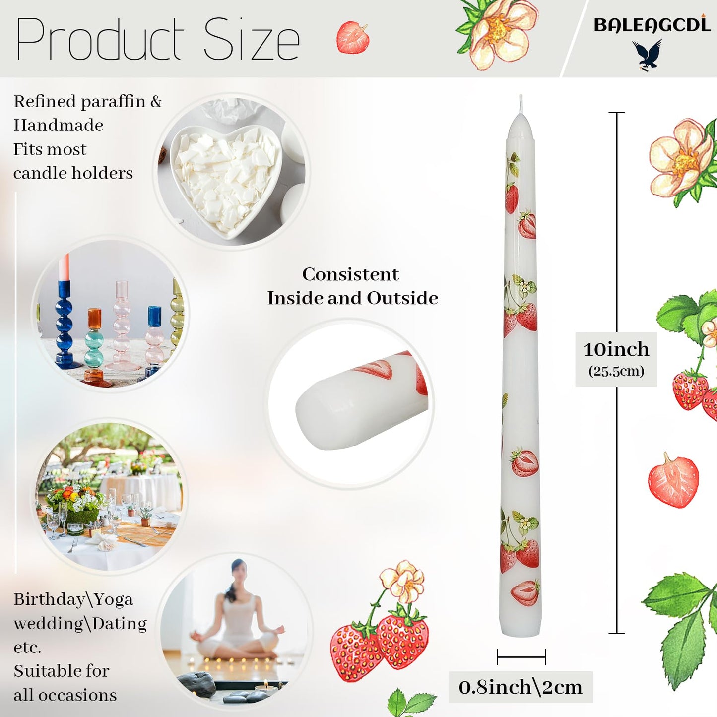 Printed Taper Candle - Baleagcdl White with Strawberry Prints Candlesticks Handmade Long Tapered Candles 10 Inch Drip Candle for Decor Gifts Set of 2