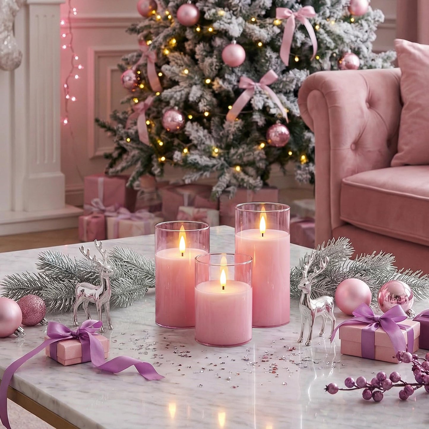 Homemory Pink Glass Flameless Candles, Battery Operated LED Pillar Candles with Remote & Timer, Real Wax Flickering Candles, Romantic Decorative Lights for Home Wedding Party, Set of 3