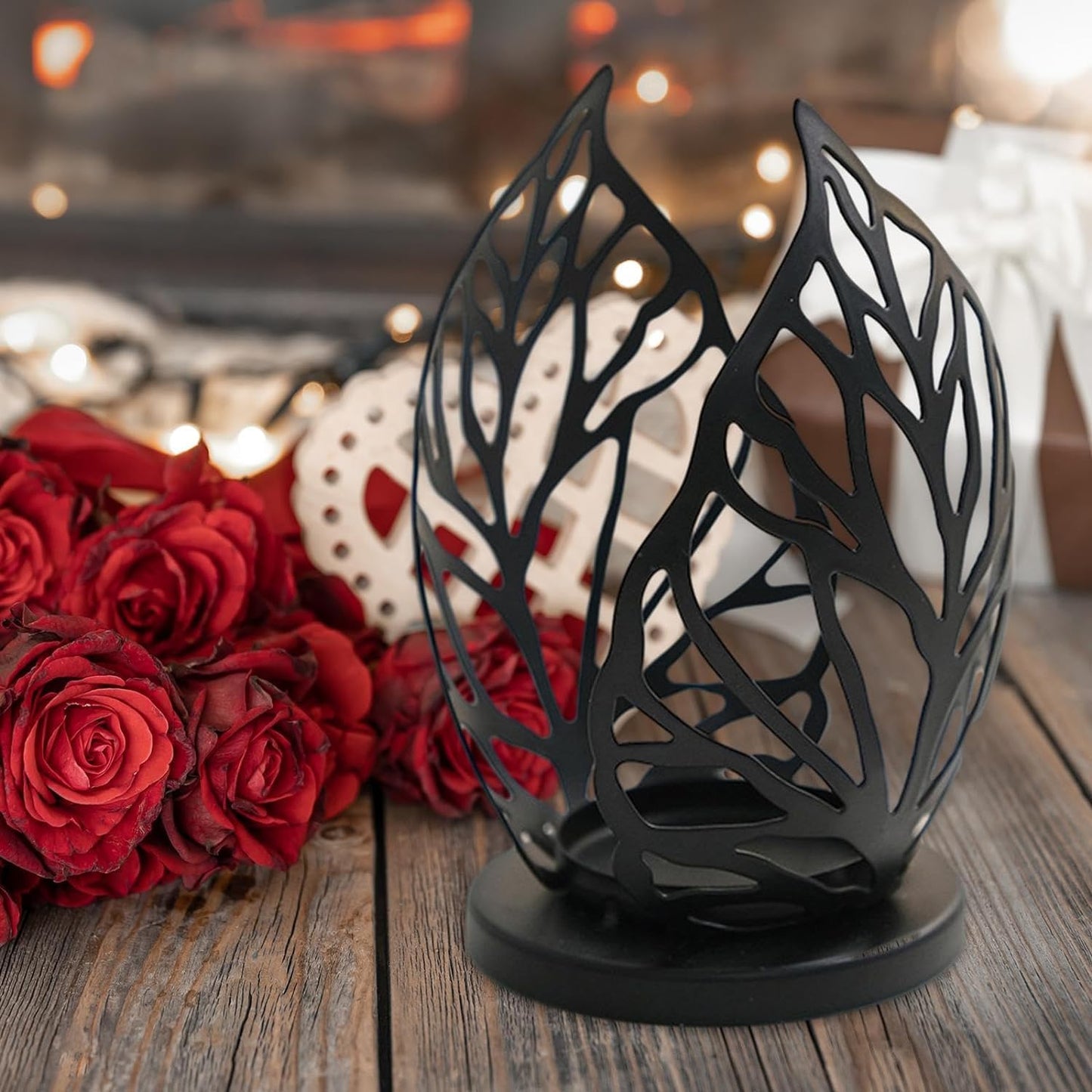 Metal Candlestick Holder Hollow Candle Stand Decorative Candle Stand Leaf Tealight Candle Holder Iron Candleholder for Wedding Living Room Home Party Table Decoration - Black