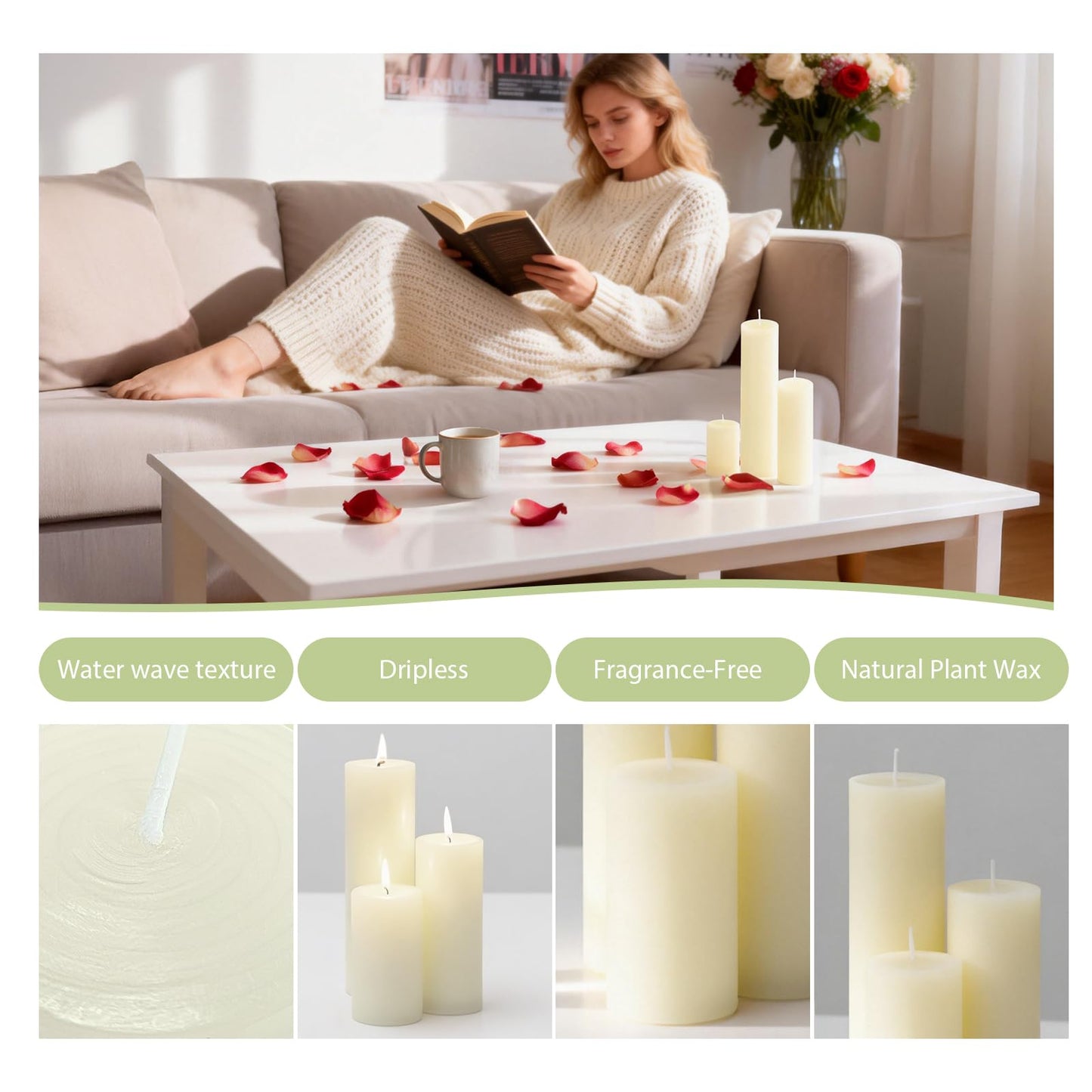 Veiuwa 18 Pack Ivory Pillar Candles Bulk Set, 2x3 2x6 2x8 Inch - 6 Each Size, Dripless Smokeless Clean Burning for Wedding Centerpieces, Home Decor, Church, Romantic Ambiance！