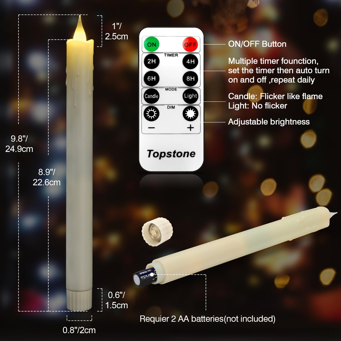 Topstone LED Taper Candles with Remote Control, Flameless 9.8 Inch Battery Operated Candles, Realistic Flickering Warm White Light,Timer Function for Wedding Centerpieces, Fireplace, Home Decor,6Pcs