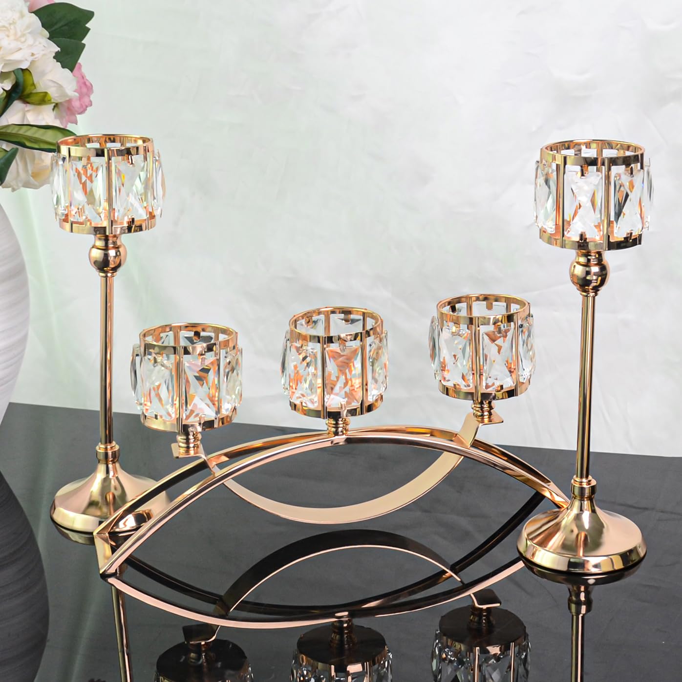 KEHAIL 3 Arms Crystal Candle Holders, Arch Candlestick Table Candelabras Centerpieces for Wedding, Dinning Room, Cabinet Ornaments, Home Decoration, Gift (3-arm Arched Set, Gold)