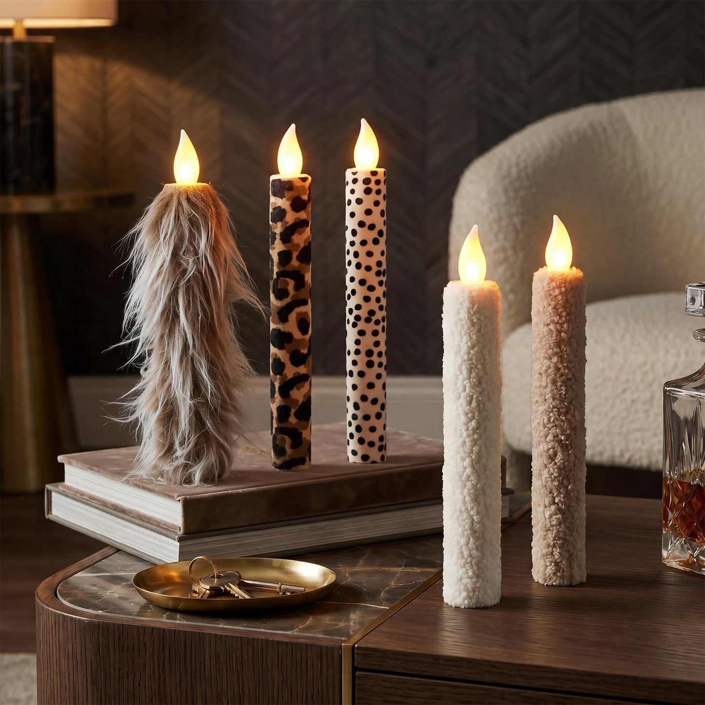 Fumete 5 Pcs Leopard Plush Candle 10.6 Inch Lambswool Flameless LED Taper Candlesticks Leopard Print Theme Decor Print Flameless Battery Operated for Dinner Table Home Bathroom Birthday Party Decor