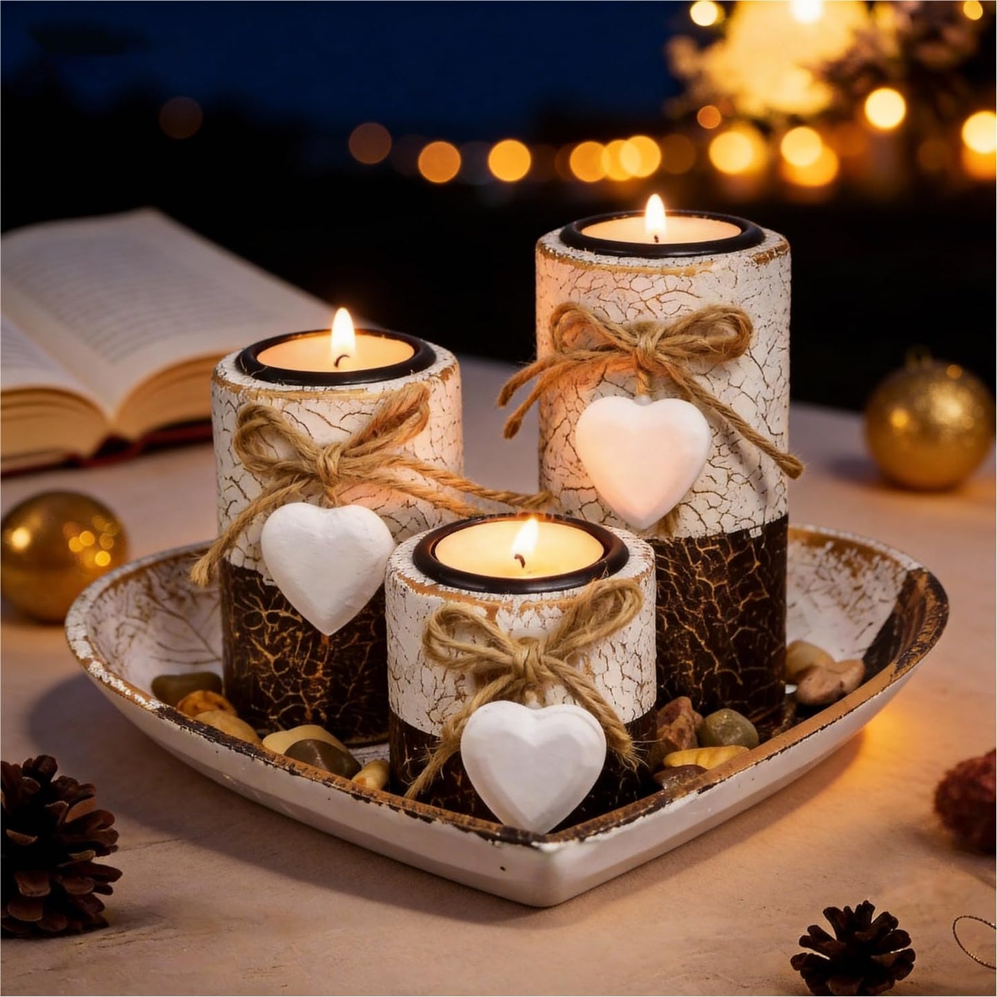 Wooden Tealight Candle Holders with Heart Tray, Rustic Farmhouse Candle Holders for Table Centerpiece Classic and Elegant Tea Light Holder Set for Valentines Day Wedding Anniversary Holiday Home Decor