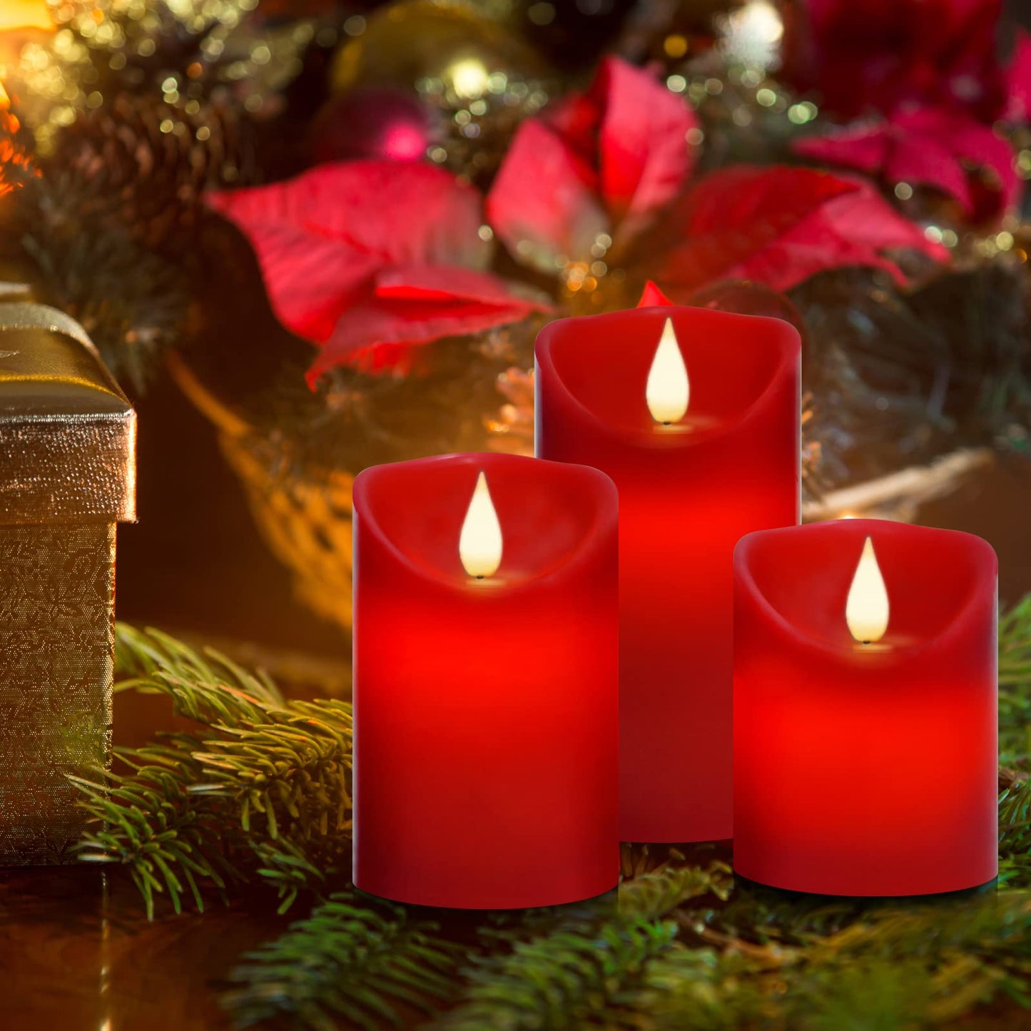 Roomsily Flameless Battery Operated Flickering Candles:3PACK Red Real Wax Pillar Candle,Electric LED Candle with 10-Key Remote Control and 24 Hours Timer for Home Decoration Holiday Party