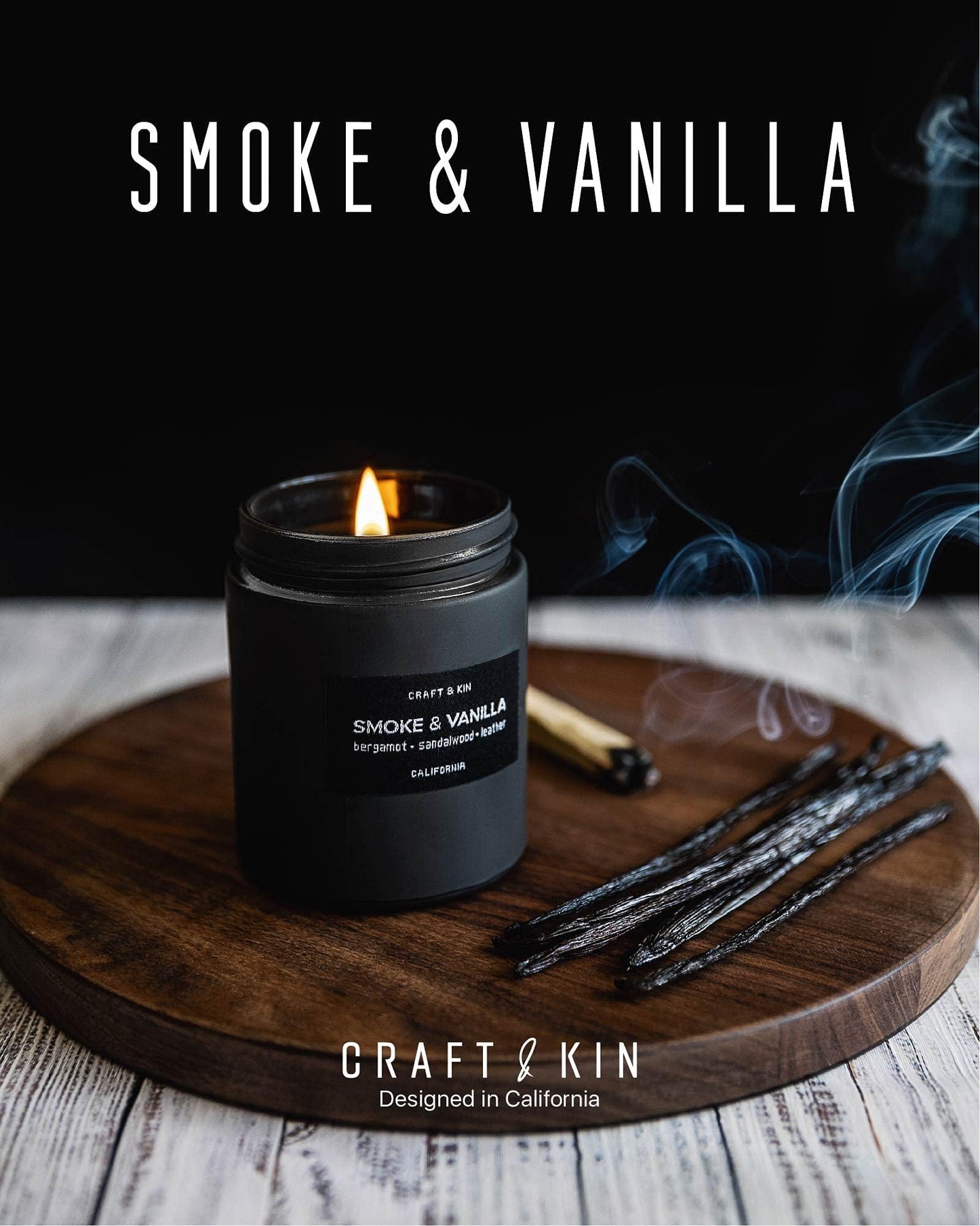 Craft & Kin Premium Smoke & Vanilla Candle | Black Scented Candles for Men | Long Lasting with 45 Hour Burn Time, 7.6oz | Soy Candle | Aromatherapy at Home | Gifts for Men