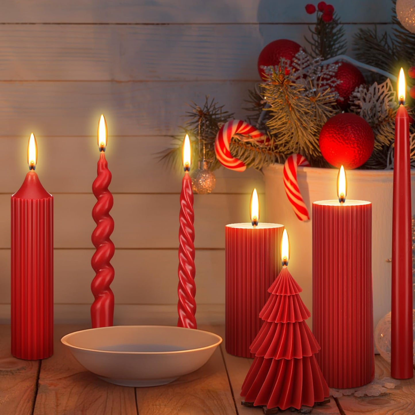 Nuanchu 8 Pieces Christmas Candle Stick Sets Spiral Taper Twisted Candlesticks Scented Smokeless Soy Wax for Wedding Holiday Dinner Home Decorations(Red)