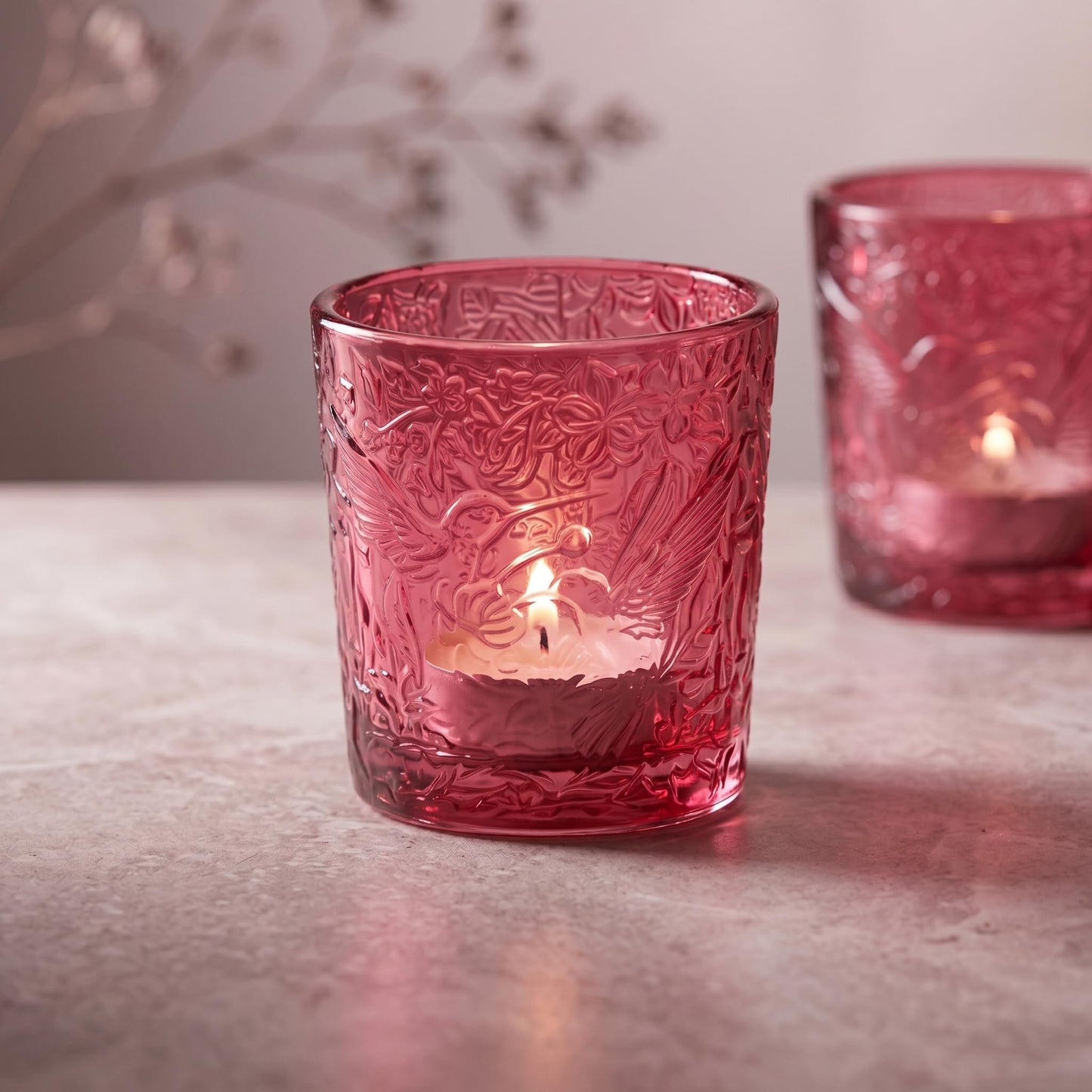 6 Pack Hummingbird Embossed Glass Candle Holders Votive Tealight Holders with Patent Design, Decorative Glass Cups for Wedding Centerpieces, Parties, and Home Decor (Wildberry Red)