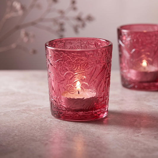 6 Pack Hummingbird Embossed Glass Candle Holders Votive Tealight Holders with Patent Design, Decorative Glass Cups for Wedding Centerpieces, Parties, and Home Decor (Wildberry Red)