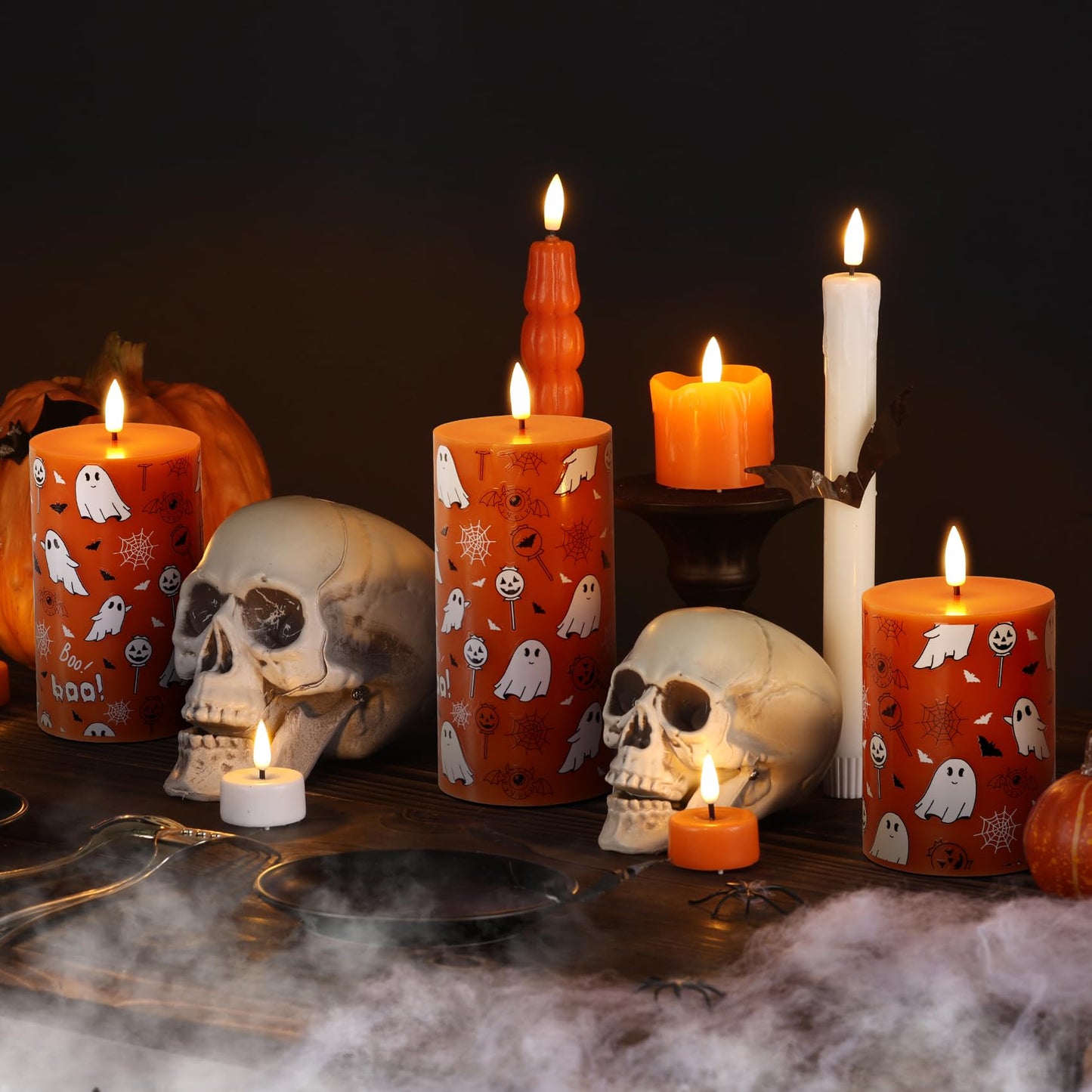 Girimax Burnt Orange Halloween Flameless Pillar Candles with Remote, Ghost LED Wax Candles Battery Operated Set of 3