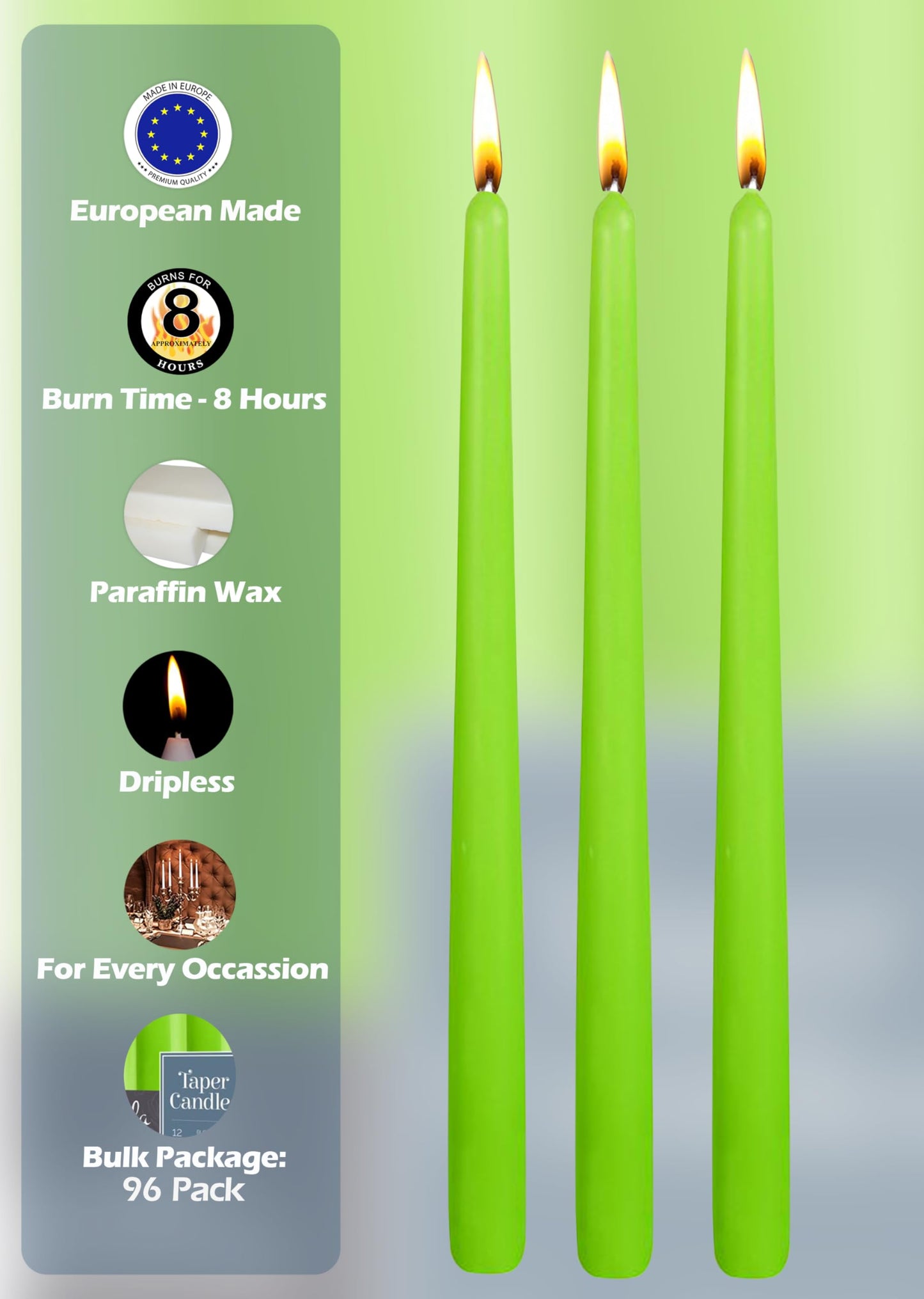 Hyoola Tall Taper Candles Bulk - 10 Inch Lime Green Unscented Dripless Taper Candles - 8 Hour Burn Time - 96 Pack