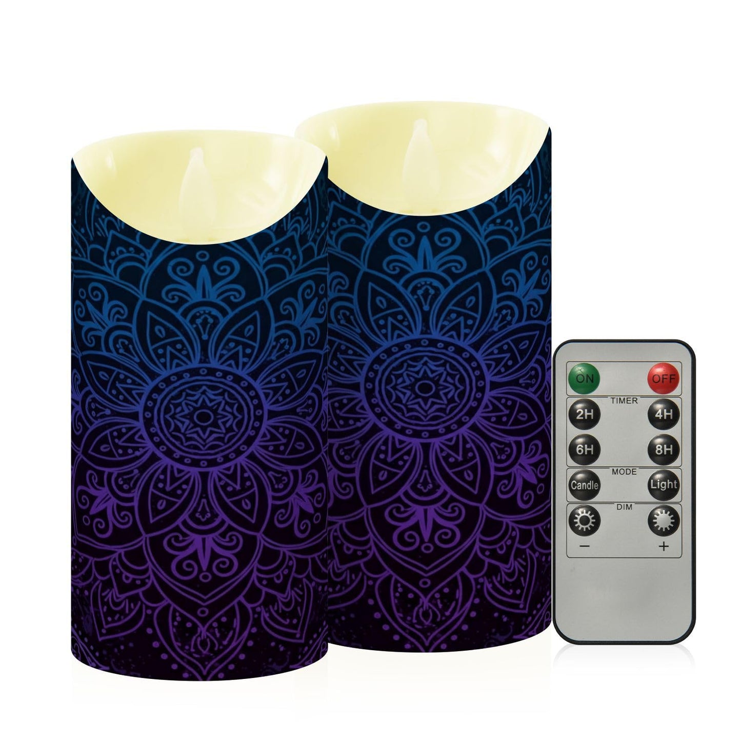 Flameless Candles Set of 2 Boho Ethnic Mandala A Realistic LED Candles with Remote Battery Operated Holiday Decorations