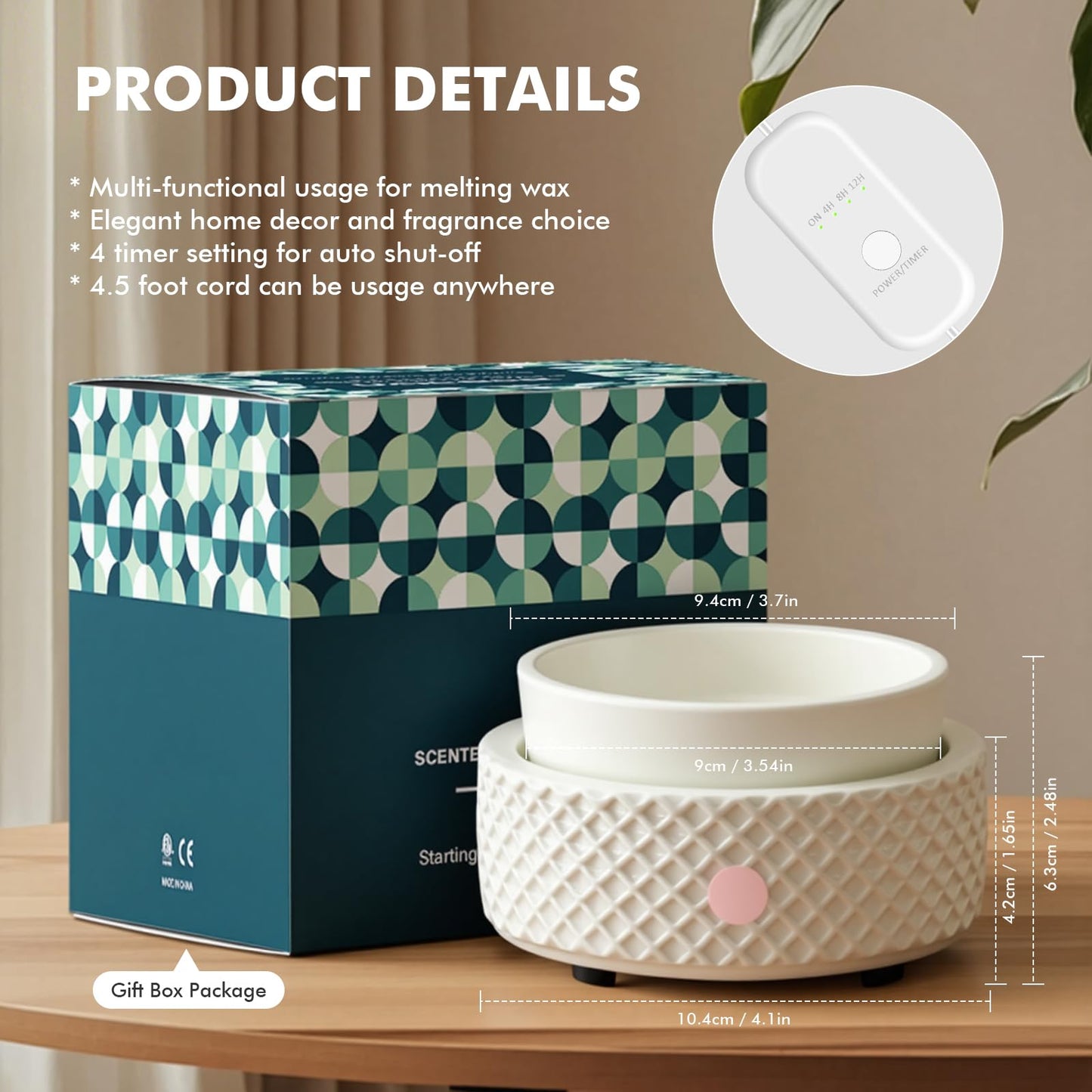 Wax Melt Burner Warmer with Timer Ceramic 4-in-1 Electric Candle Warmer Auto Shut-Off for Scented Wax Melts, Candle Jars, Essential Oil, Coffee Cup Warmer Home Decor Fragrance Gifts for Women - White