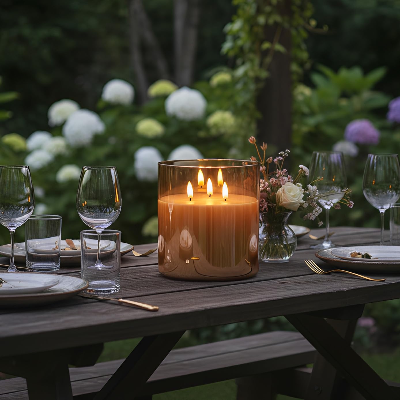 NICEME Extra Large 3 Wick Battery Operated Candle, 6"x6" Big Clear Glass Flameless Candles with Remote, Real Wax Flickering Led Pillar Fake Giant Candle for Wedding Party Holiday Home Decor, Gold
