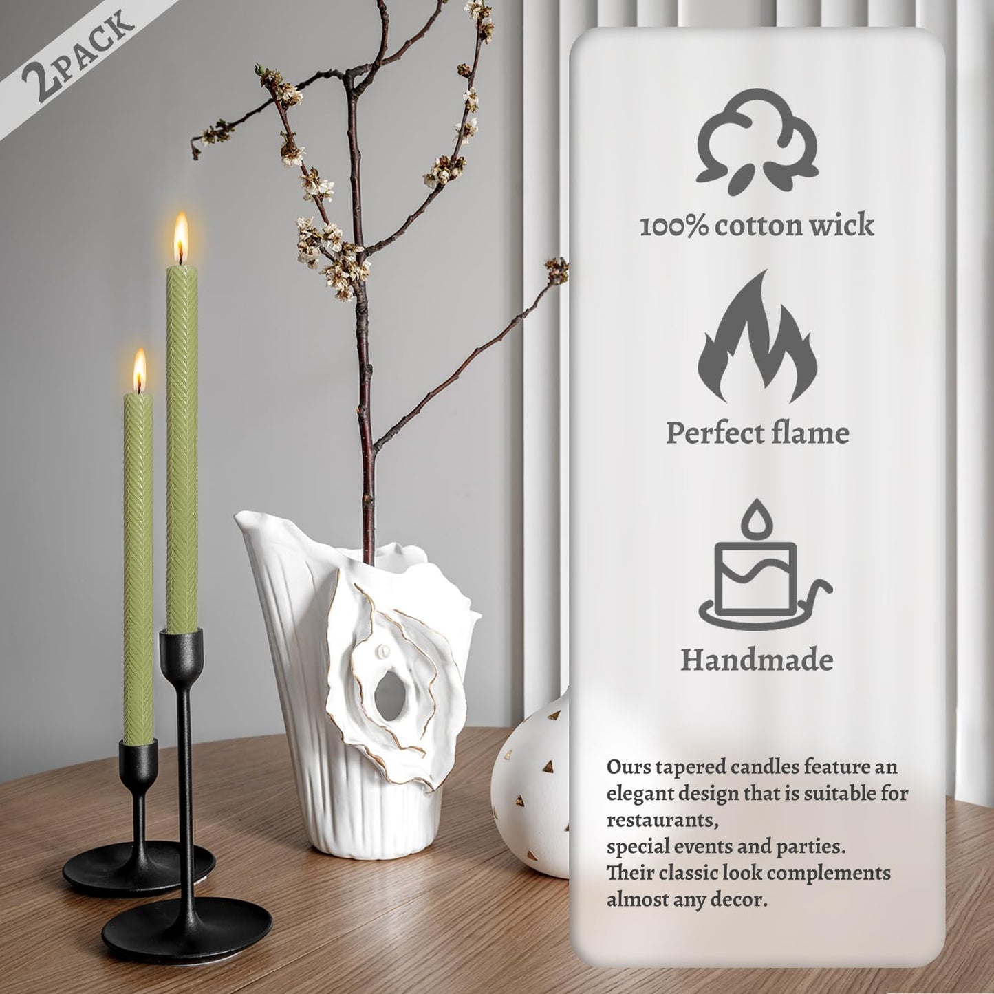 Unscented Long Spiral Taper Candle Handmade Dripless Grass Green 10 Inch Smokeless Tall Twisted Candlesticks Elegant Wave Design for Home Wedding Festive Décor