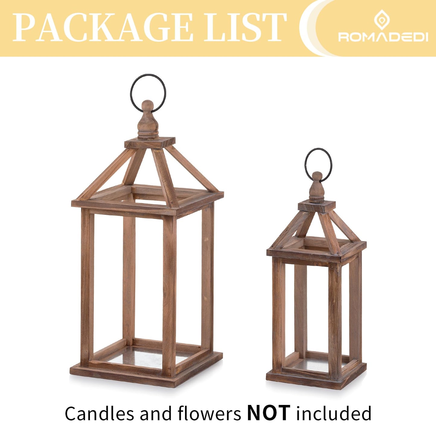 Romadedi Farmhouse Wood Candle Lantern - 12" / 16" Set of 2 Rustic Wooden Lanterns Decorative Candle Holder Home Decor Wedding Table Centerpiece Indoor Outdoor Fireplace Decorations, Brown