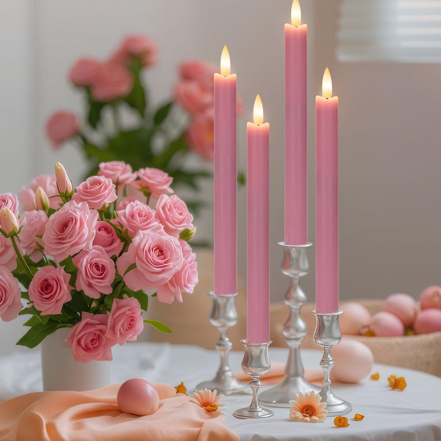 Pink Flameless Taper Candles with Remote, Real Wax Battery Operated LED Candles with 3D Flickering Flame, 9.6" Realistic Dripless Candlesticks for Valentine's Day Decor, Proposal Wedding, 3 Pack