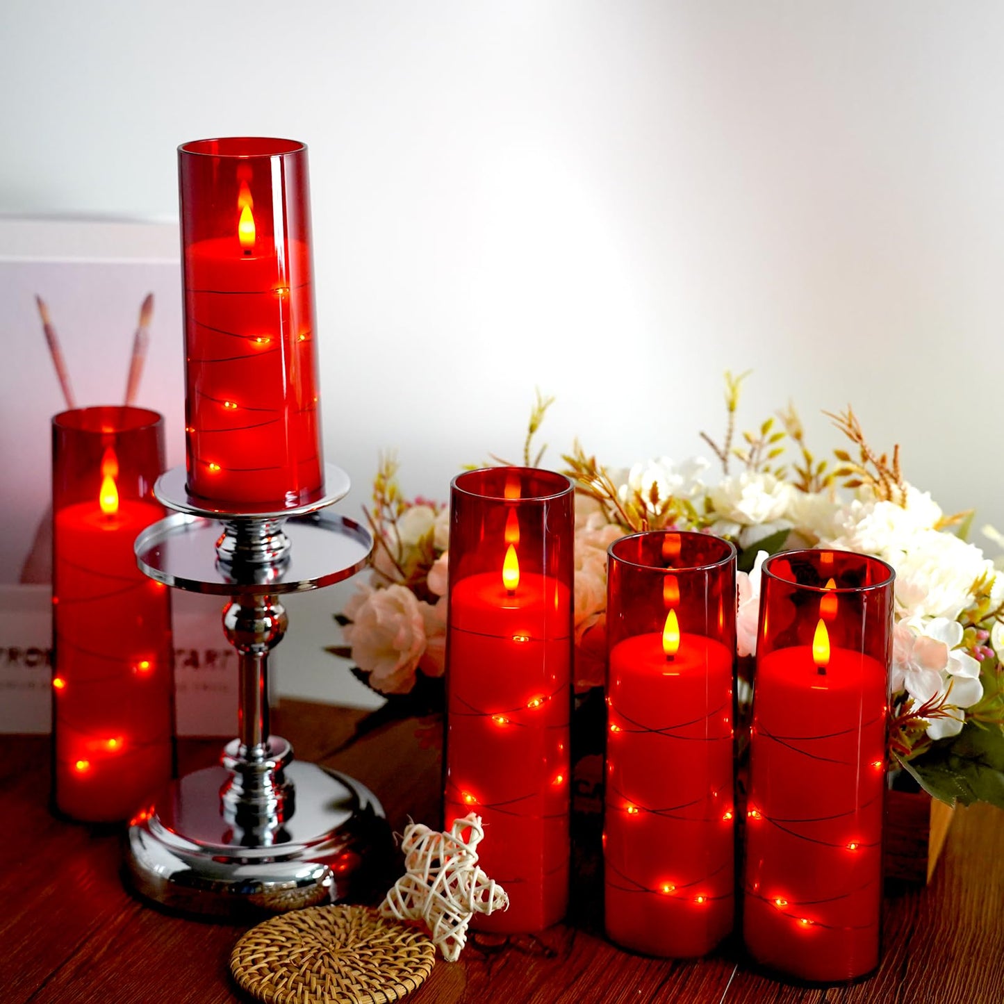 Flameless Candles,with Embedded Star String, Battery Operated Candles Flickering LED Pillar Candles with Remote Control and Timer, Home Decoration Add a Warm and Romantic Atmosphere，Set of 7 (Red)