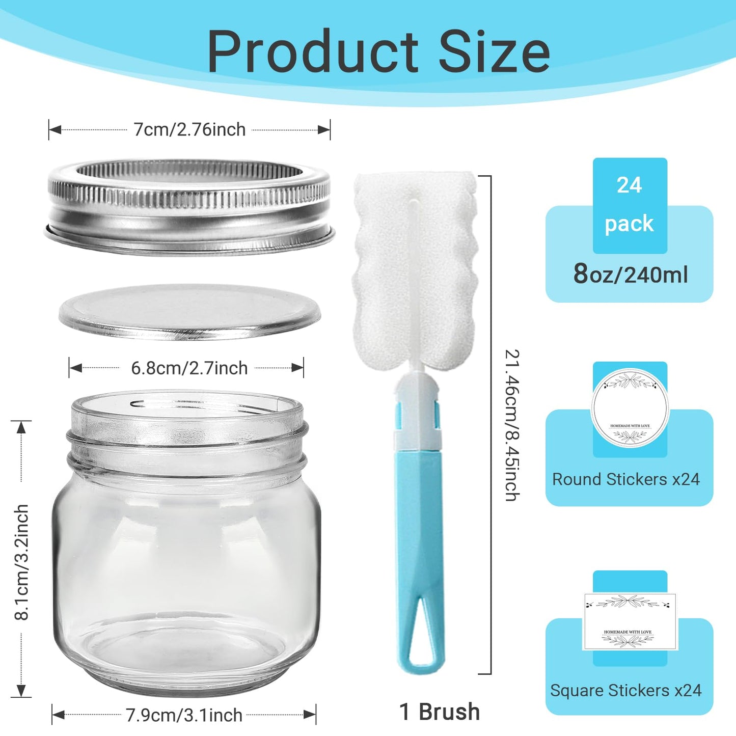 Waymind 8 oz Glass Mason Jars, 24 Pack Regular Mouth Glass Canning Jars with Silver Aluminum Lids and Bands, Airtight Jam Jars for Food Storage, Pickling, Fermenting, Honey, Jelly, DIY Candles Decor