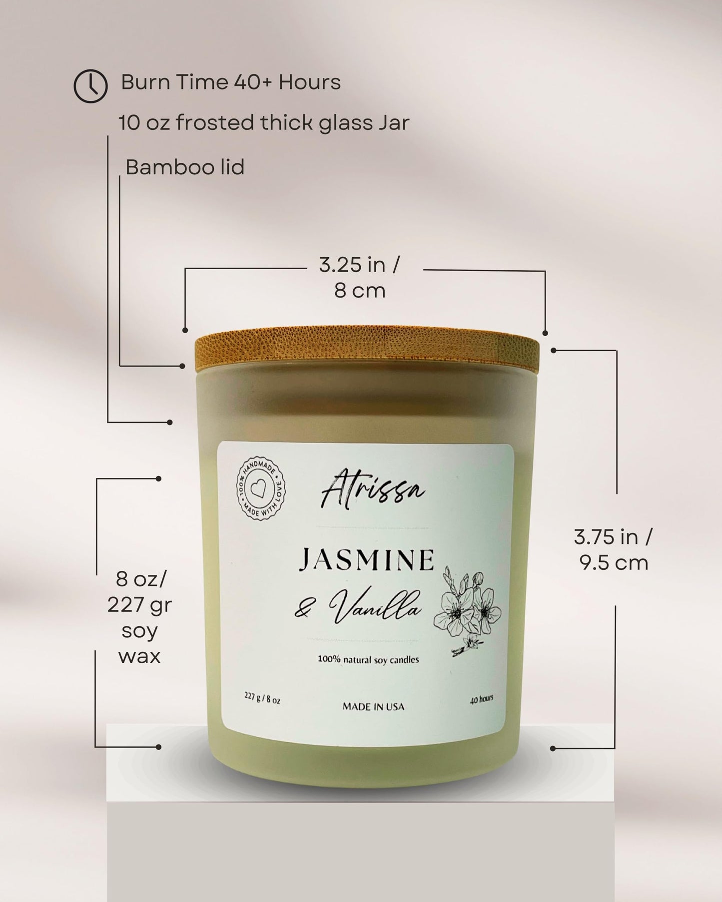 ATRISSA Jasmine Vanilla Soy Candle 8oz – Floral and Sweet Fragrance, Hand-Poured in USA