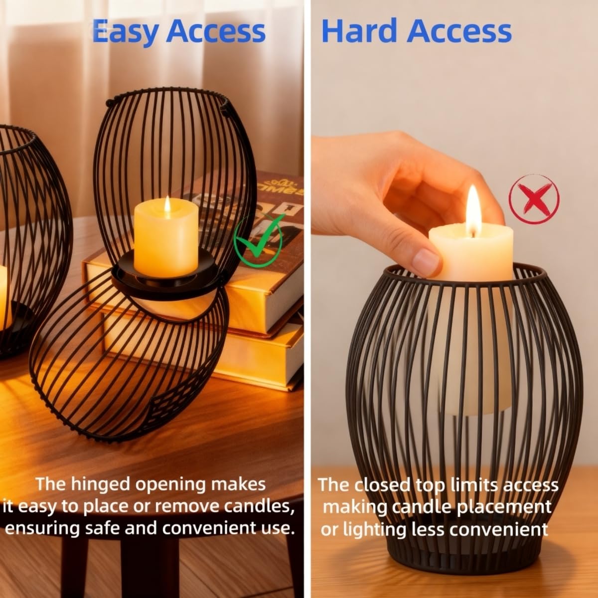 Black Candle Holder Set – Modern Metal Wire Black Candlestick Holders for Pillar Candles, Decorative Round Cage Candle Lanterns for Table, Shelf, or Home Décor