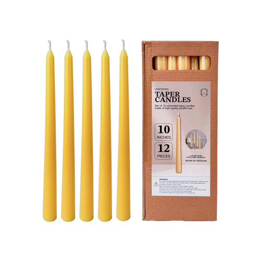 Taper Candles 10 Inch 12 Pack Light Yellow – CW Studio Unscented Dripless Smokeless Candlesticks, 7-8 Hour Clean Burn – Elegant Dinner Table Centerpiece for Wedding, Holiday Decor & Romantic Dinners