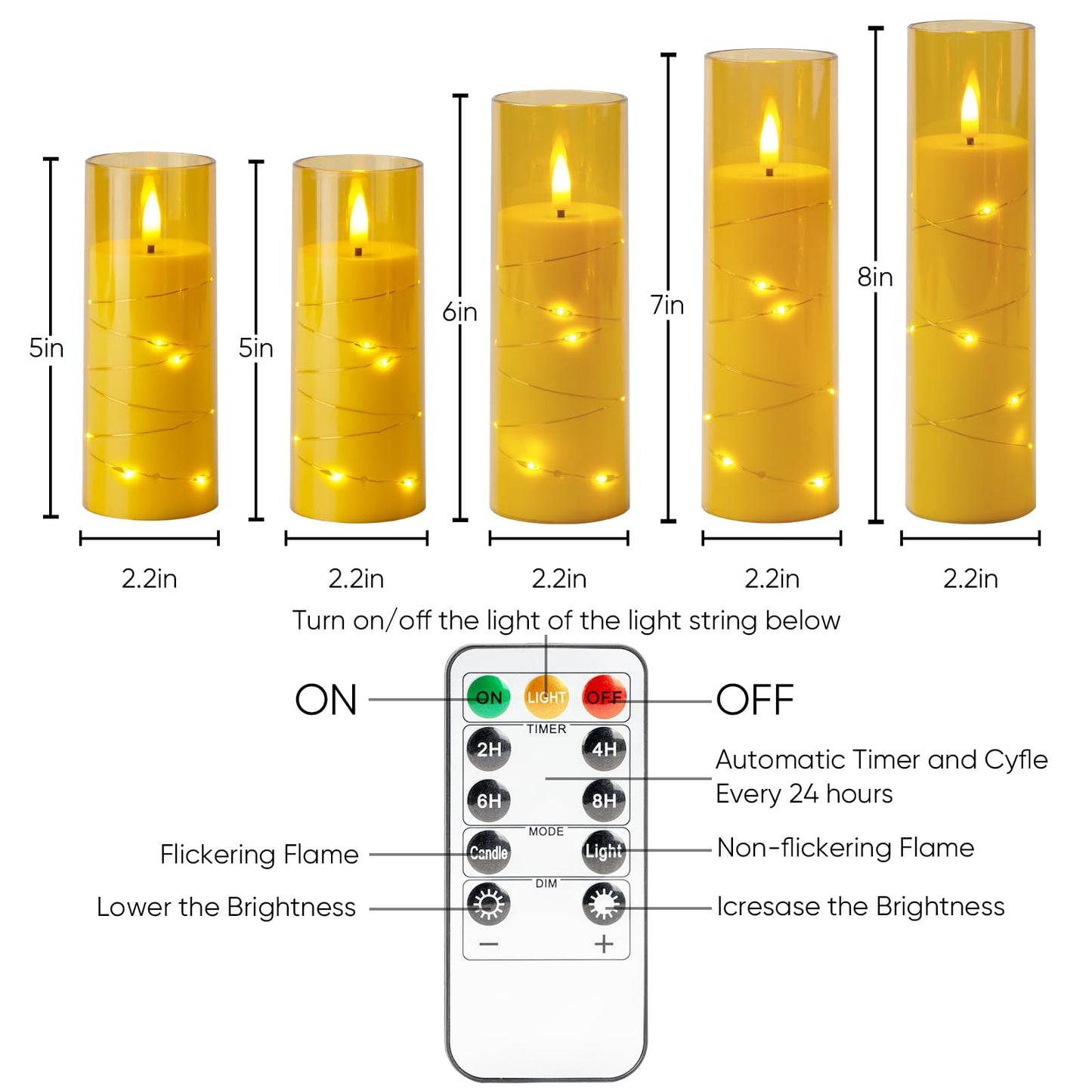 Homemory Flameless LED Candle with Embedded Star String Lights, Fake Candles with Remote Control & Timer, Battery Operated Candles, Amber, Set of 5