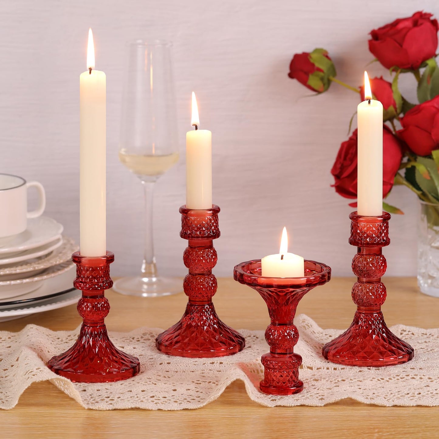 DARJEN Red Glass Candlestick Holders Set of 6, 4" H & 5" H Taper Candle Holders for Candlesticks & Pillar Candles, Diamond Candle Holders for Wedding Party Table Centerpiece, Home Decor (Pack of 2)