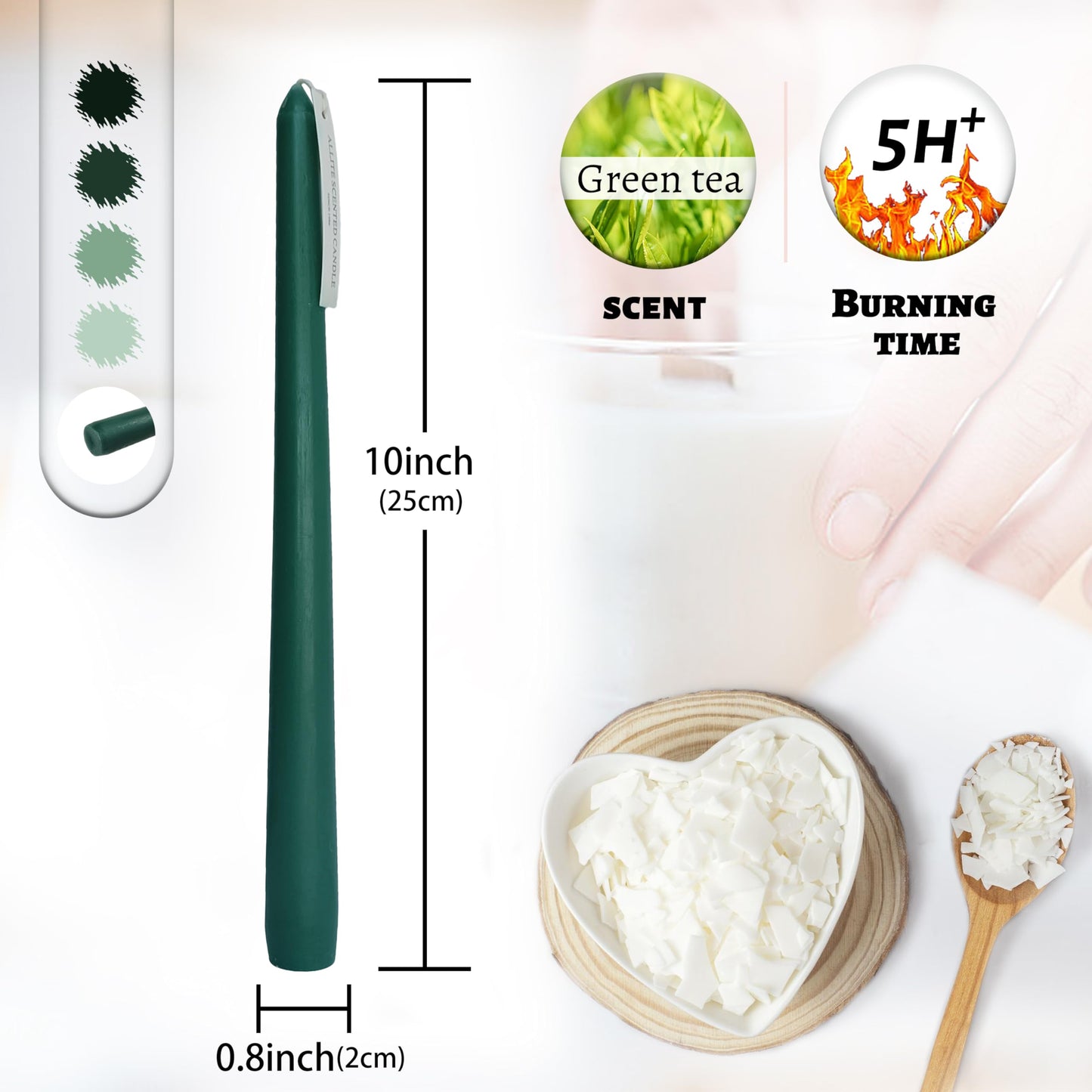 Dripless Handmade Gradient Green Taper Candles Green Tea Scented Long Lasting Smokeless Aromatherapy Candles 10 Inch Elegant Tall Candlesticks for Home Décor Wedding Gift