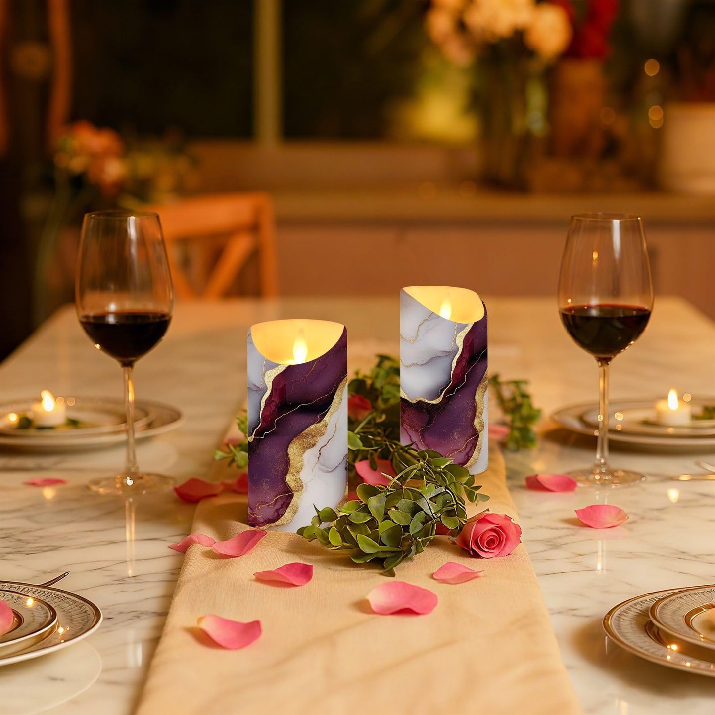 GuoChe Fake Candles LED with Timer 2/4/6/8H Realistic Flicker Battery Candles for Valentine’s Day Marble Burgundy White