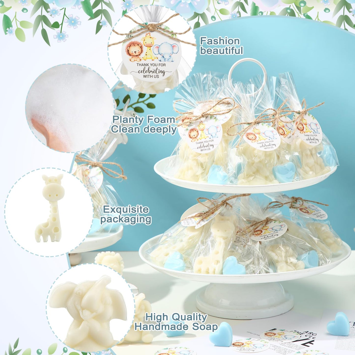 Demissle 20 Sets Safari Animal Baby Shower Soaps Favors for Guests Jungle Greeting Card Bath Gift for Birthday (Blue)