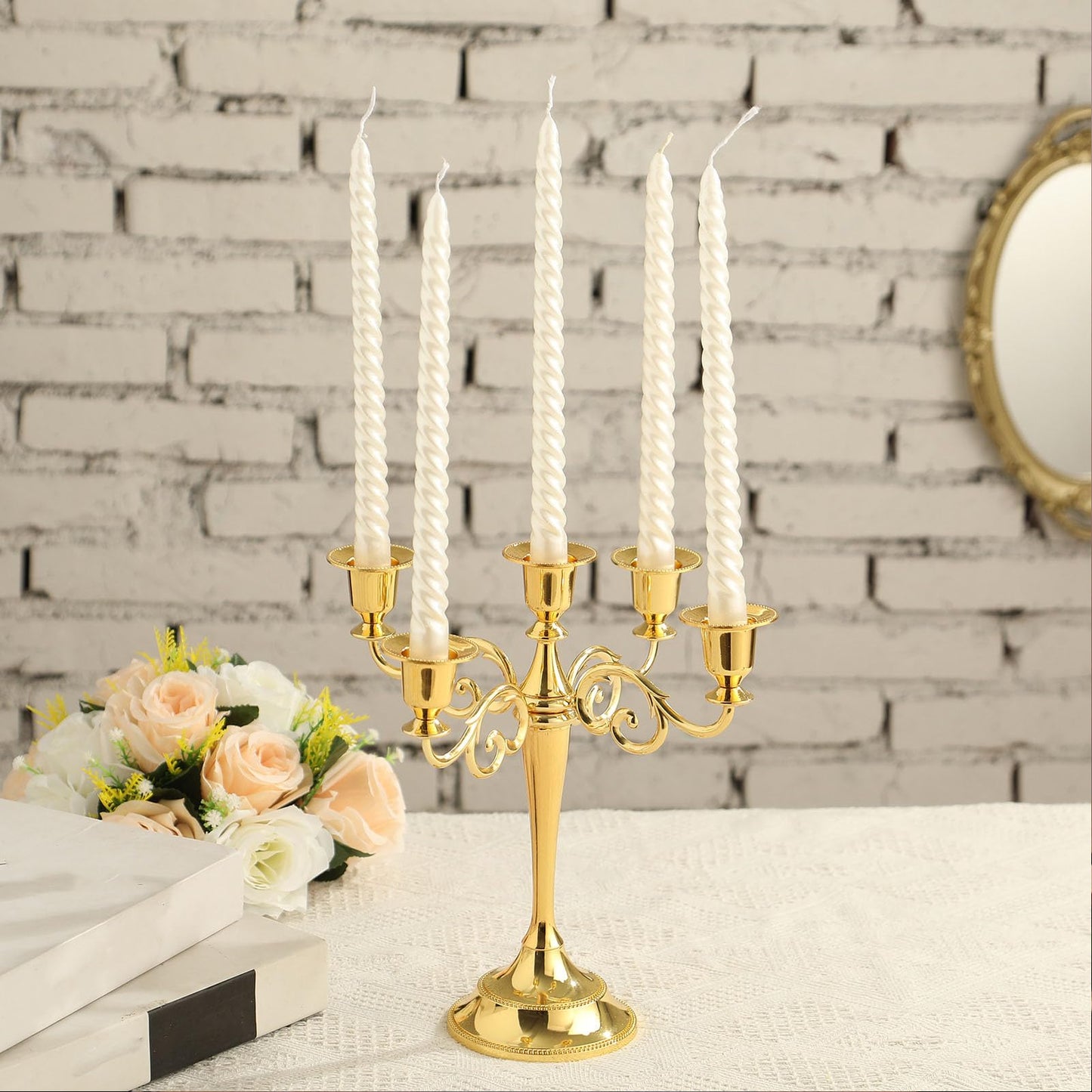 5 Arm Candlestick Holder, Iron Retro Decorative Candle Holder, Golden Metal Centerpiece for Home Church Dining Table, Sturdy Elegant 5 Arm Candle Holder with Fine (Gold)