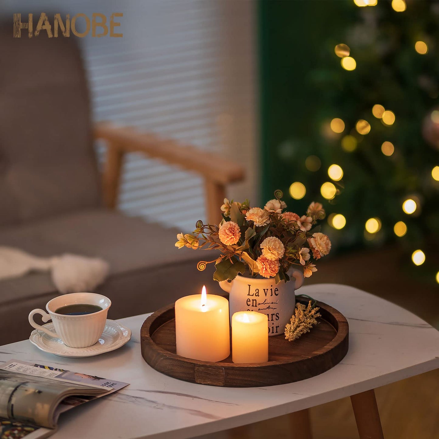 Hanobe Round Wood Candle Trays: Rustic Candlestick Holder Tray Pillar Stand for Table Centerpiece - Farmhouse Coffee Table Decor for Living Room Kitchen Counter