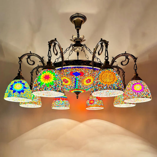 Fiunkes Turkish Mosaic Morocco 8 Globes Ceiling Chandelier, Bronze Plating Bohemian Ceiling Chain Hanging Light Fixture, Dining Table Hanging Light for Kitchen Island, Bedroom, Living Room,Colored