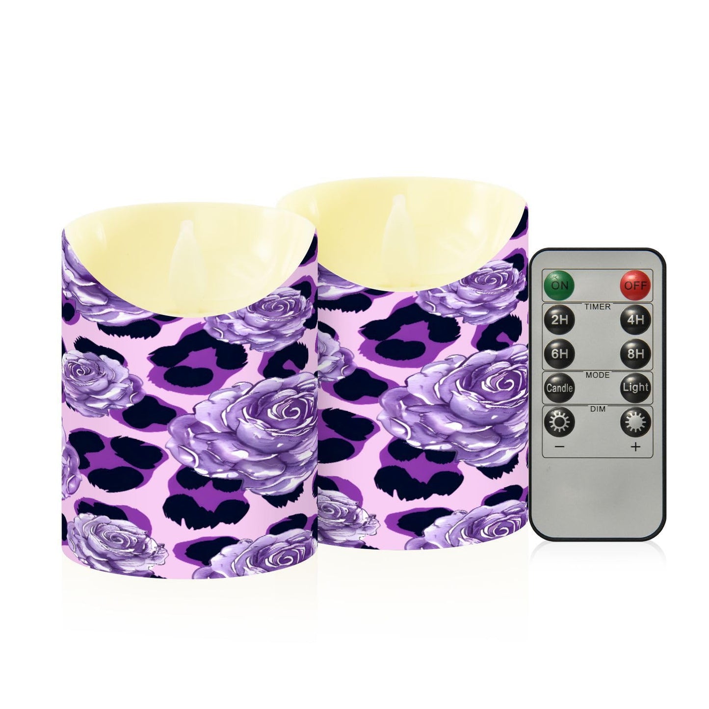 ALAZA Purple Leopard Print Rose Pattern Flickering Flameless Candles Battery Operated with Remote Timer,Tea Light Candles LED Pillar Votive Set of 2 for Outdoor Indoor Decorations 3" x3.9"