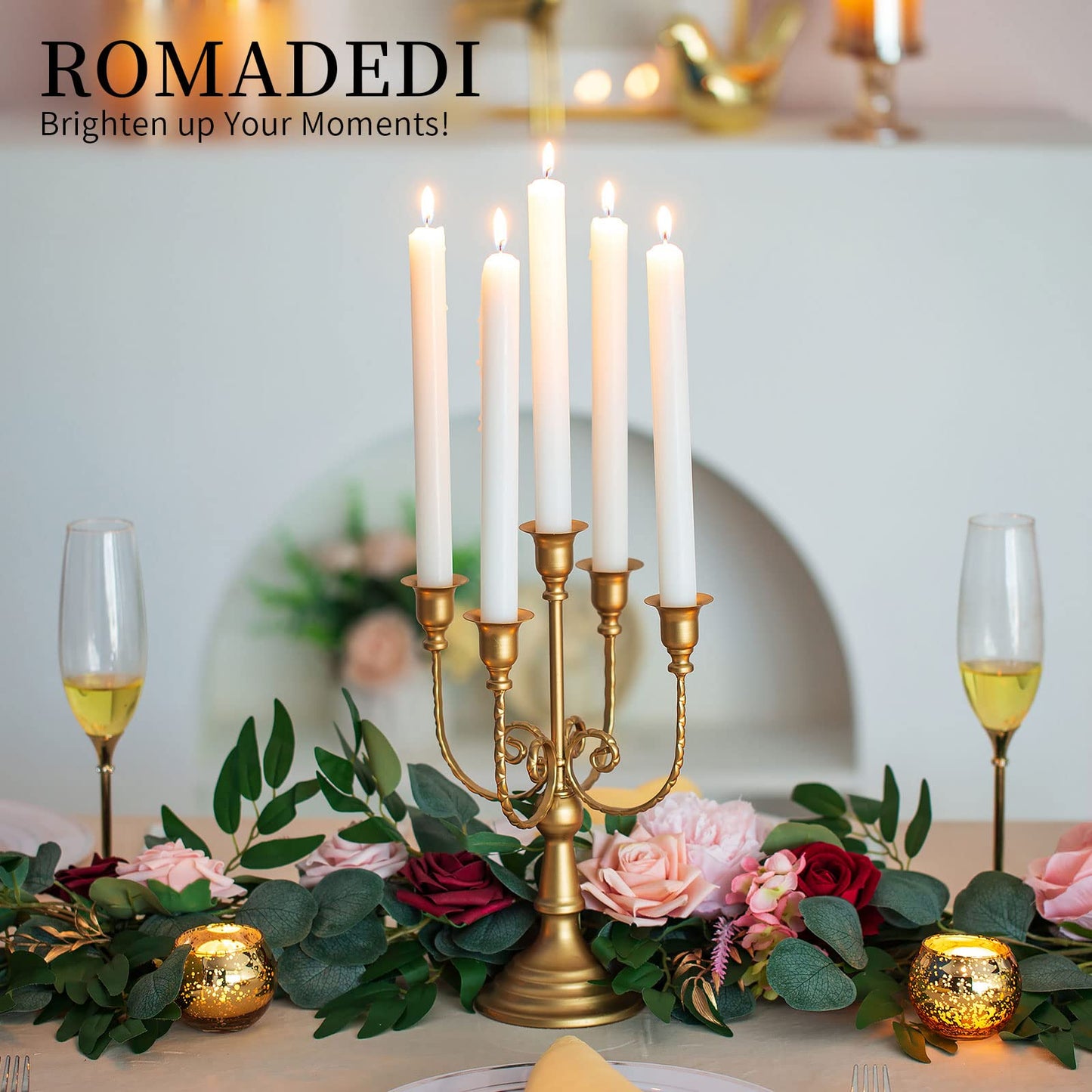 Romadedi Candelabra Gold Candle Holders - 5 Arm 11.8" Wedding Candlestick Holder for Theme Party Table Centerpiece Decor Dining Room Birthday Holiday Christmas, Set of 2