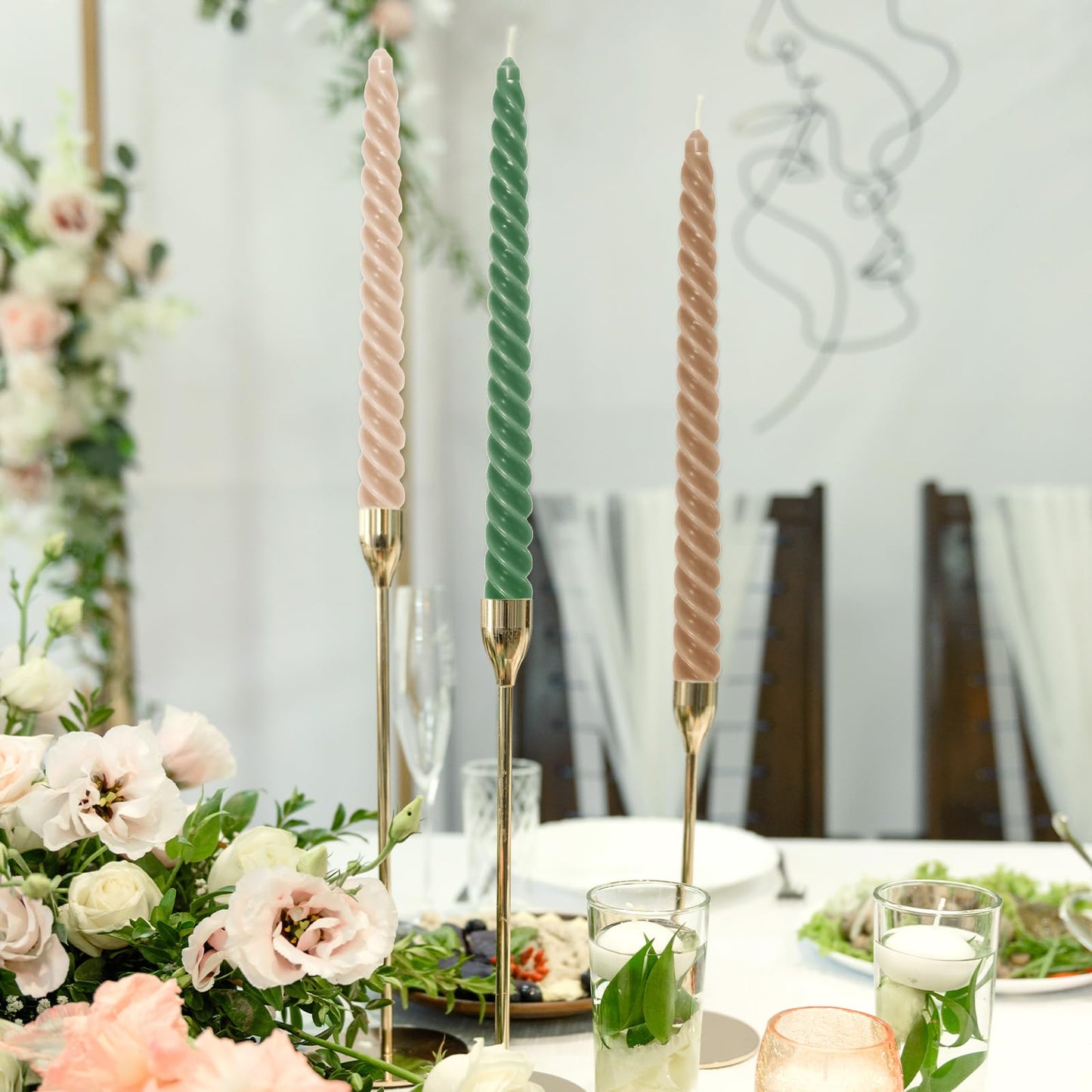 Whaline 8 Pcs 10 Inch Woodland Spiral Taper Candles Green Brown Dripless Twisted Wax Candles Long Unscented Candle Sticks for Home Forest Party Table Decor Supplies