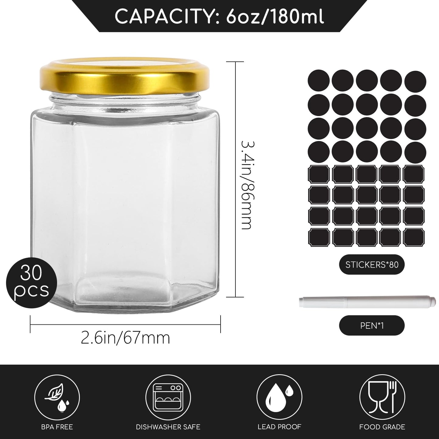 Keketin Hexagonal Glass Jam Jars with Gold Lids 6 oz,30 Pack Glass Canning Jars Food Storage Preserving Jars for Honey,Fruits Salad,Baby Foods,Spices,desserts
