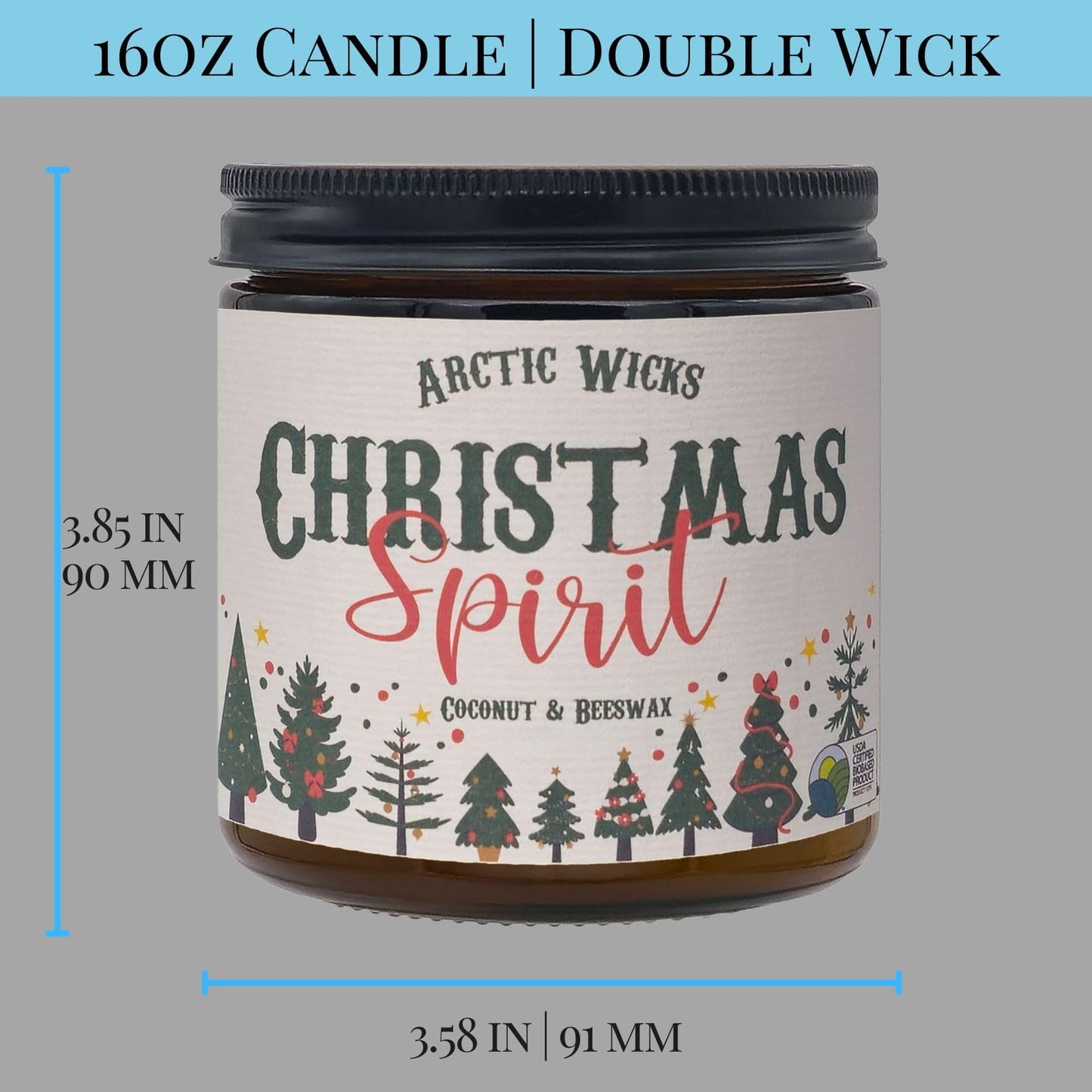 Arctic Wicks Handcrafted Candles | Non Toxic Coconut Beeswax Candles 16oz Double Wick | 100% USDA Certified Biobased, Handmade, Premium Waxes, Non-Toxic (Christmas Spirit, 16oz Amber Jar)