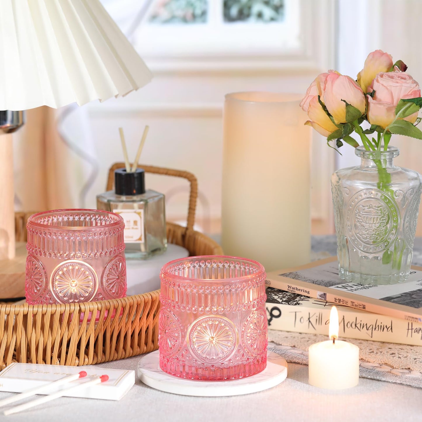 Sunnyfuture 6Pcs Large Votive Candle Holders Pink Glass Tealight Candle Holders for Wedding, Table Centerpiece, Party, Birthday, Home Decor