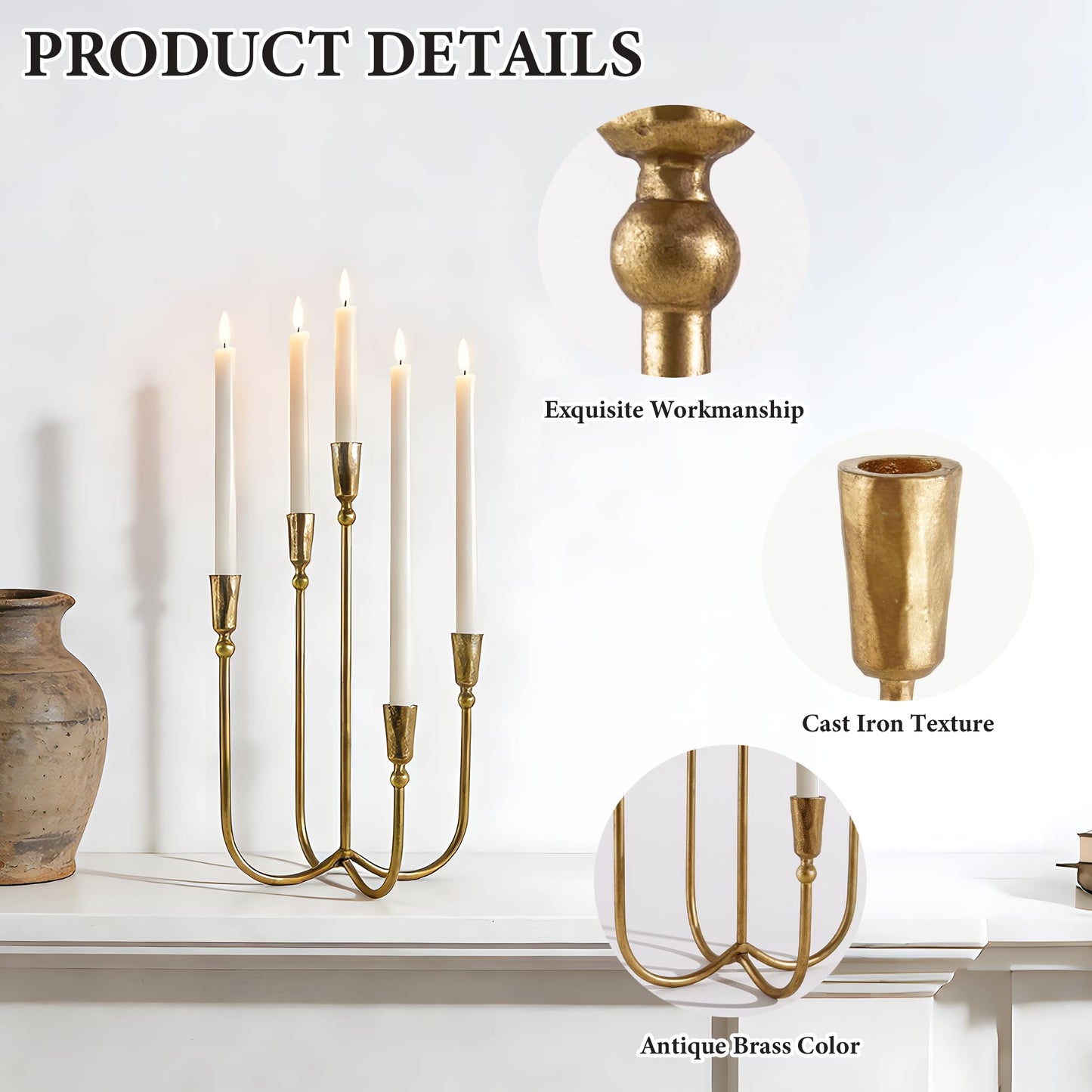 Cast Iron Candelabra 5-Taper Candle Holders, Candlestick Holders Tabletop Candles Stand, Decorative Table Centerpieces Mantel Decor, Antique Brass