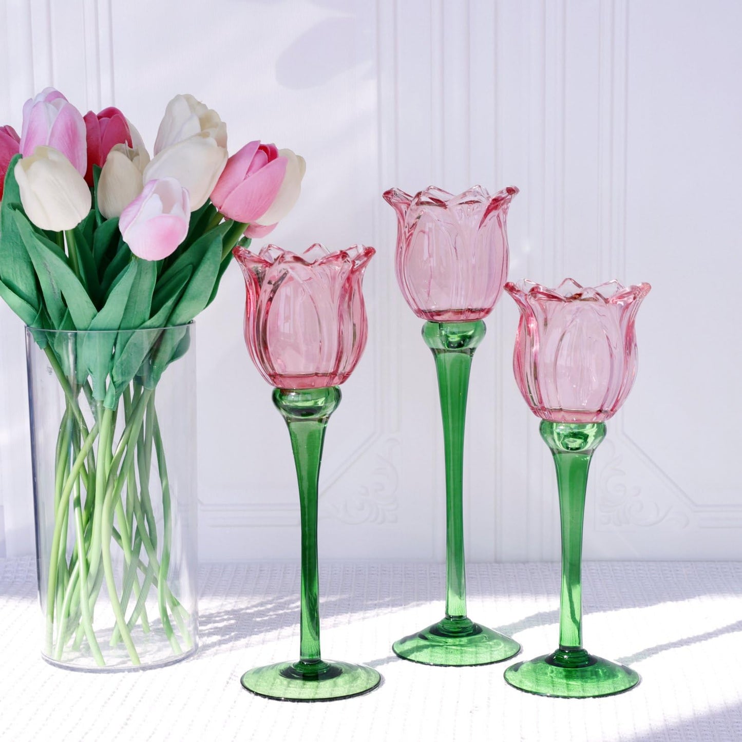VOHO Pink Tulips Candle Holder, Romantic Pink Flower Votive Candle Holders for Wedding Bridal Shower Decorations, Tall Tealight Candle Holder Decor for Centerpiece Table(Set of3)