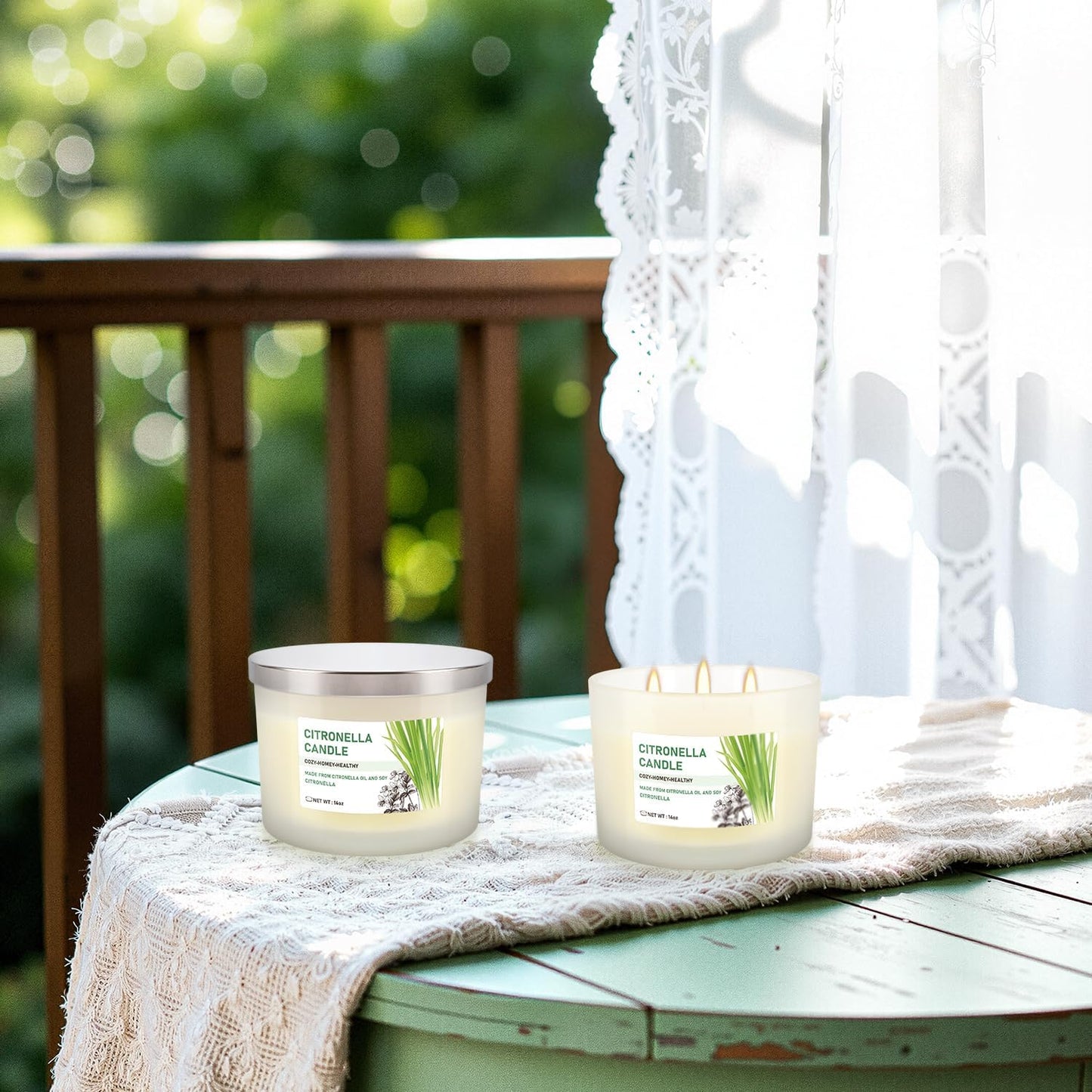 Citronella Candle Set of 2, 14oz Frosted Jar Triple-Wick, Clean & Smokeless for Outdoor Patio, Garden, Deck, Porch Ambiance with Natural Citronella Scent