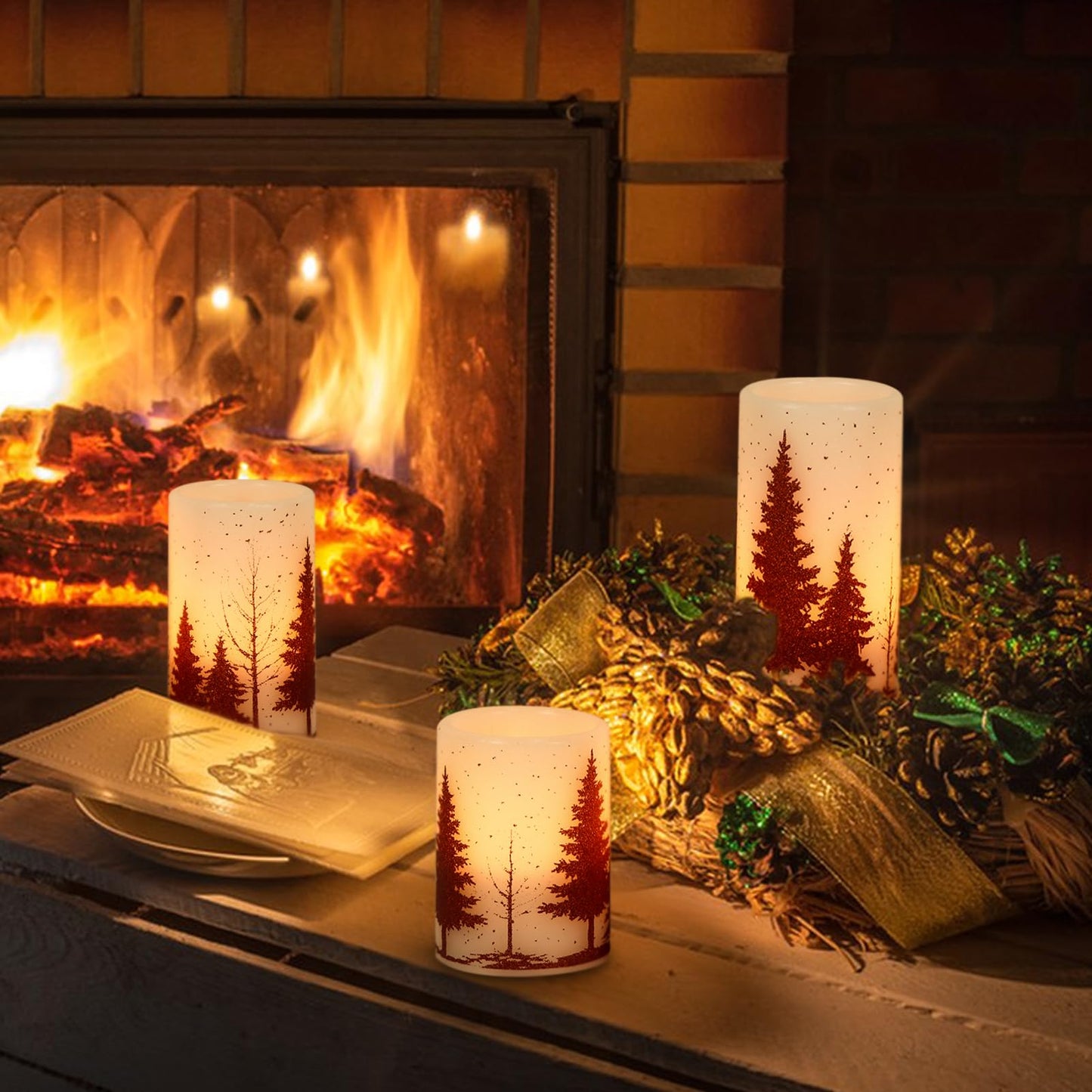 Wondise Flickering Flameless Candles with Timer, Battery Operated Real Wax Warm Light Red Christmas Tree Decal Candle for Home Decoration Christmas Gifts, Set of 3(D3 x H4/5/6 Inch)