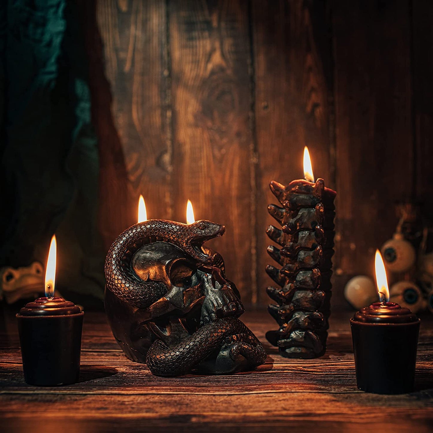 Skull & Spine Candles 4 Pack - Skeleton Snake, Spine & Black Bones Candle, Skulls, Magic Skulls Candlestick Spooky Gothic Emo Decor, Home & Bar Decoration, Large Creepy Skeletons Decorations