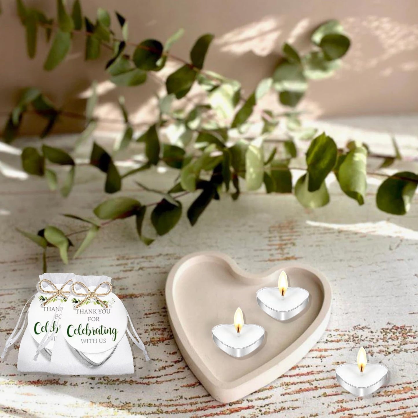 100 Sets Wedding Gifts for Guests Heart Shaped Candles Mini in Organza Bags with Thank You Cards, Party Favors for Bridal Shower, Birthday Party, Wedding Anniversary, Baby Shower Decorations